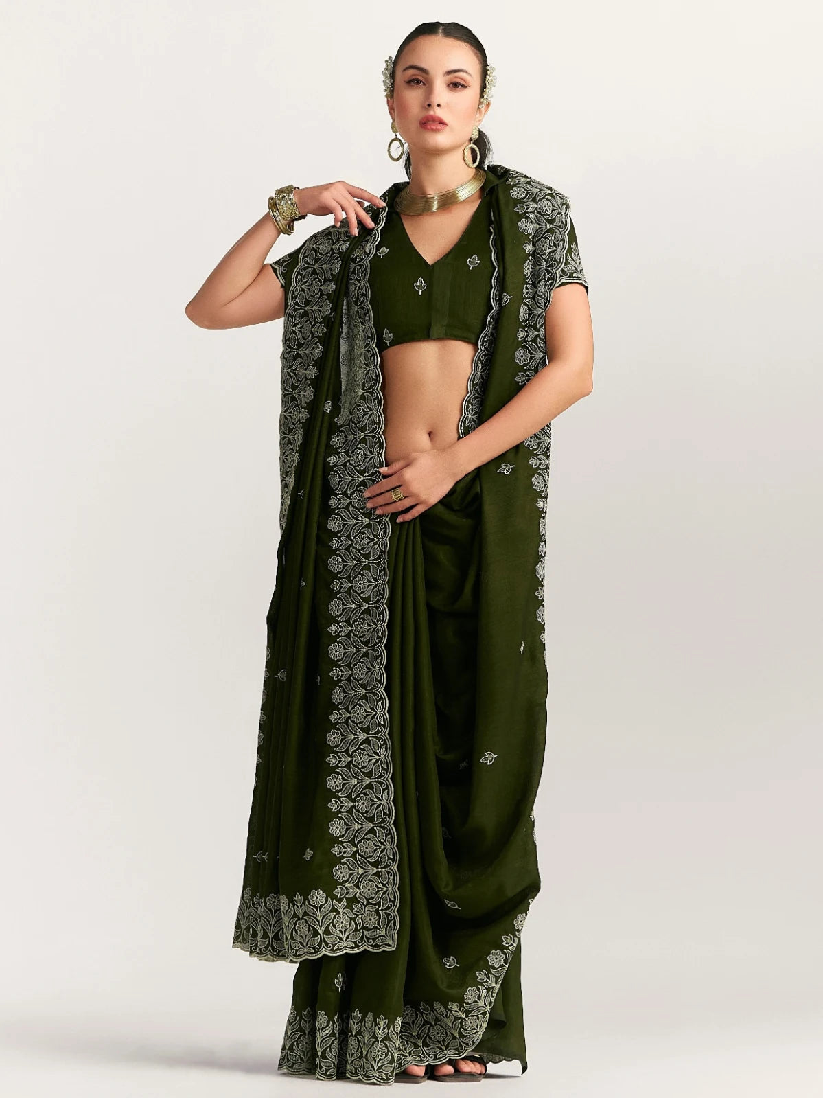 TITANIUM FLORAL EMBROIDERY SAREE WITH BLOUSE