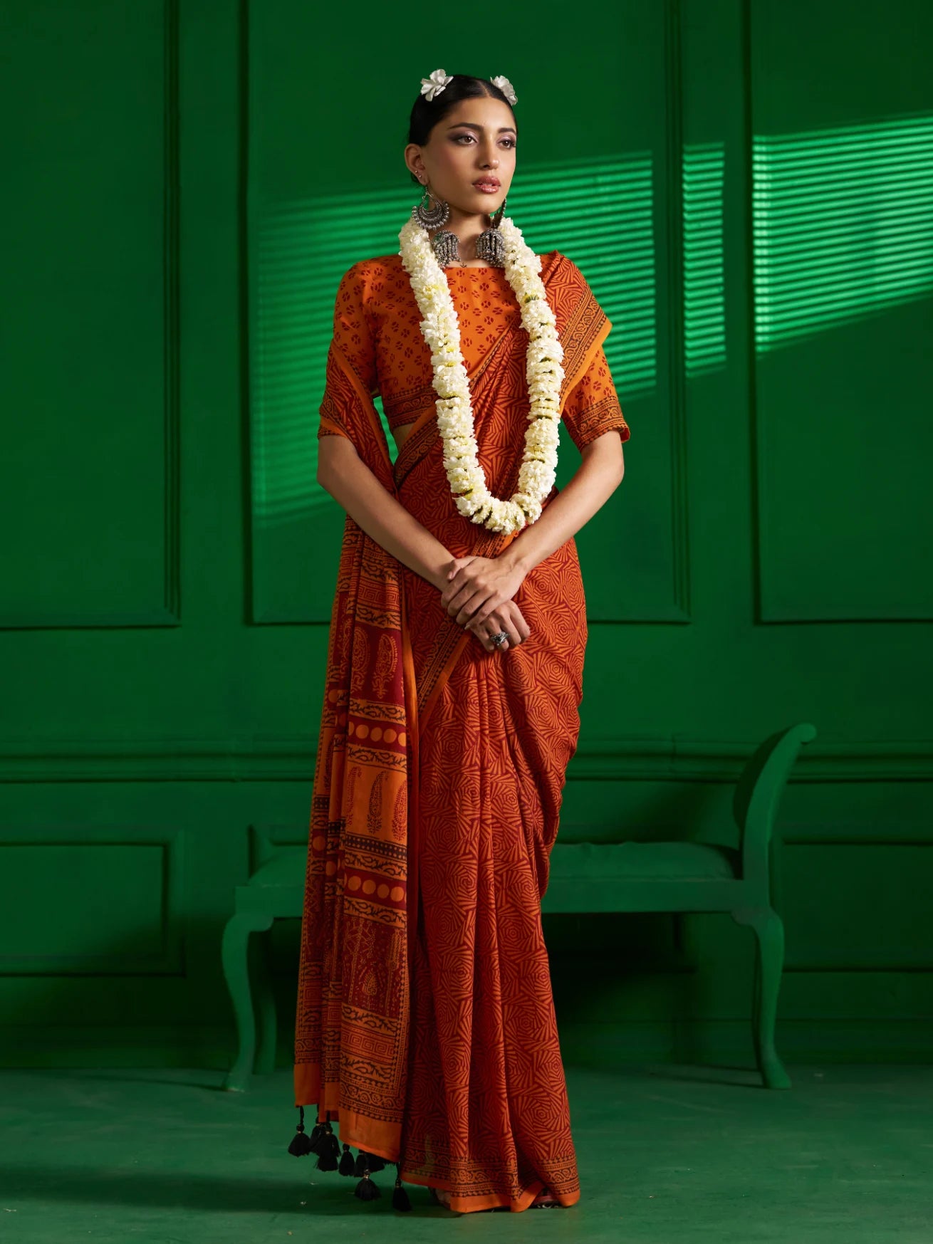 RUST IRON BAGH PRINT SAREE
