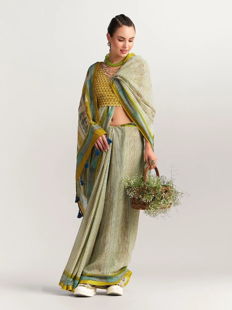 VISCOSE MUL LIVA BLOCK PRINTED SAREE WITH BLOUSE