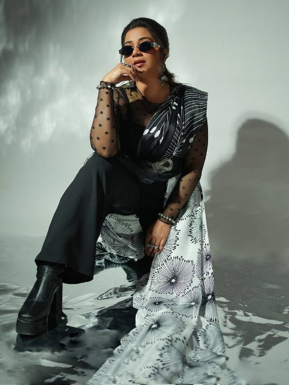 SHREYA GHOSHAL IN MODAL SATIN MONOCHROME FLORAL PRINT LIVA SAREE