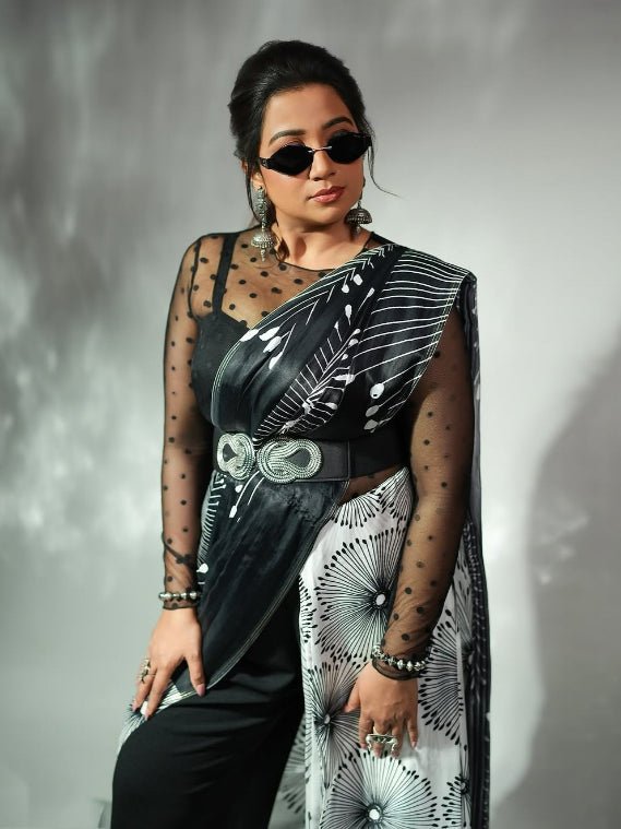 SHREYA GHOSHAL IN MODAL SATIN MONOCHROME FLORAL PRINT LIVA SAREE
