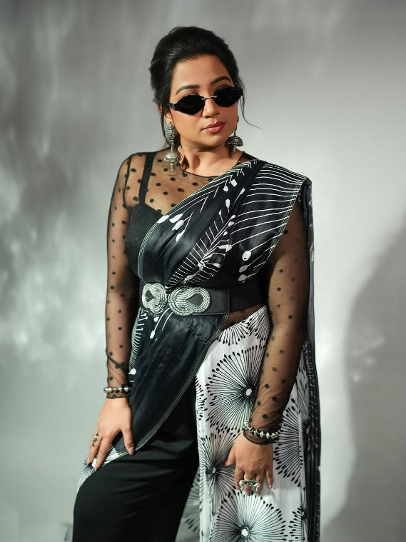 SHREYA GHOSHAL IN MODAL SATIN MONOCHROME FLORAL PRINT LIVA SAREE