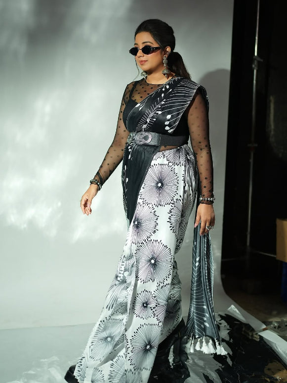 SHREYA GHOSHAL IN MODAL SATIN MONOCHROME FLORAL PRINT LIVA SAREE