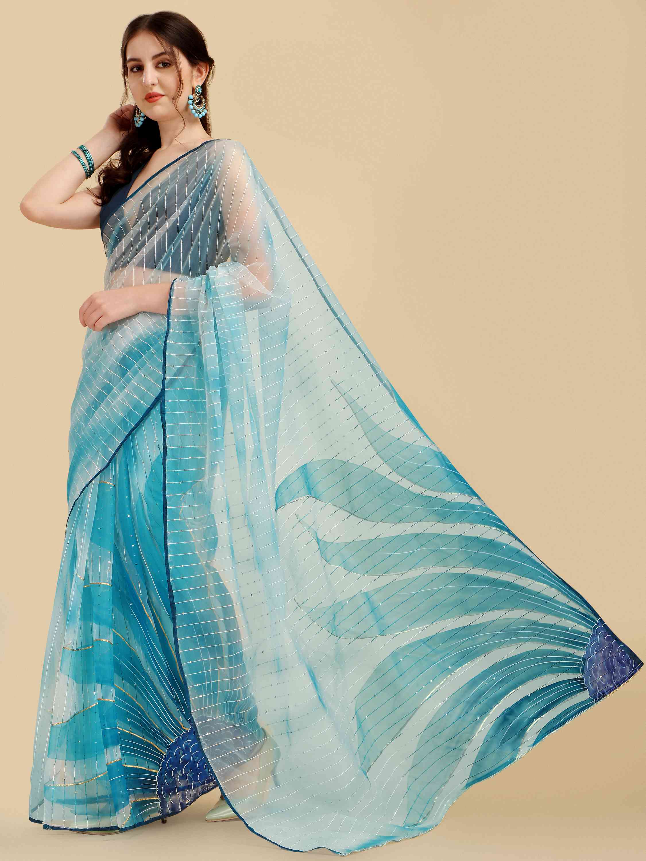 DUNGRANI BLUE HAND PAINTED FEEZY ORGANZA SILK SAREE