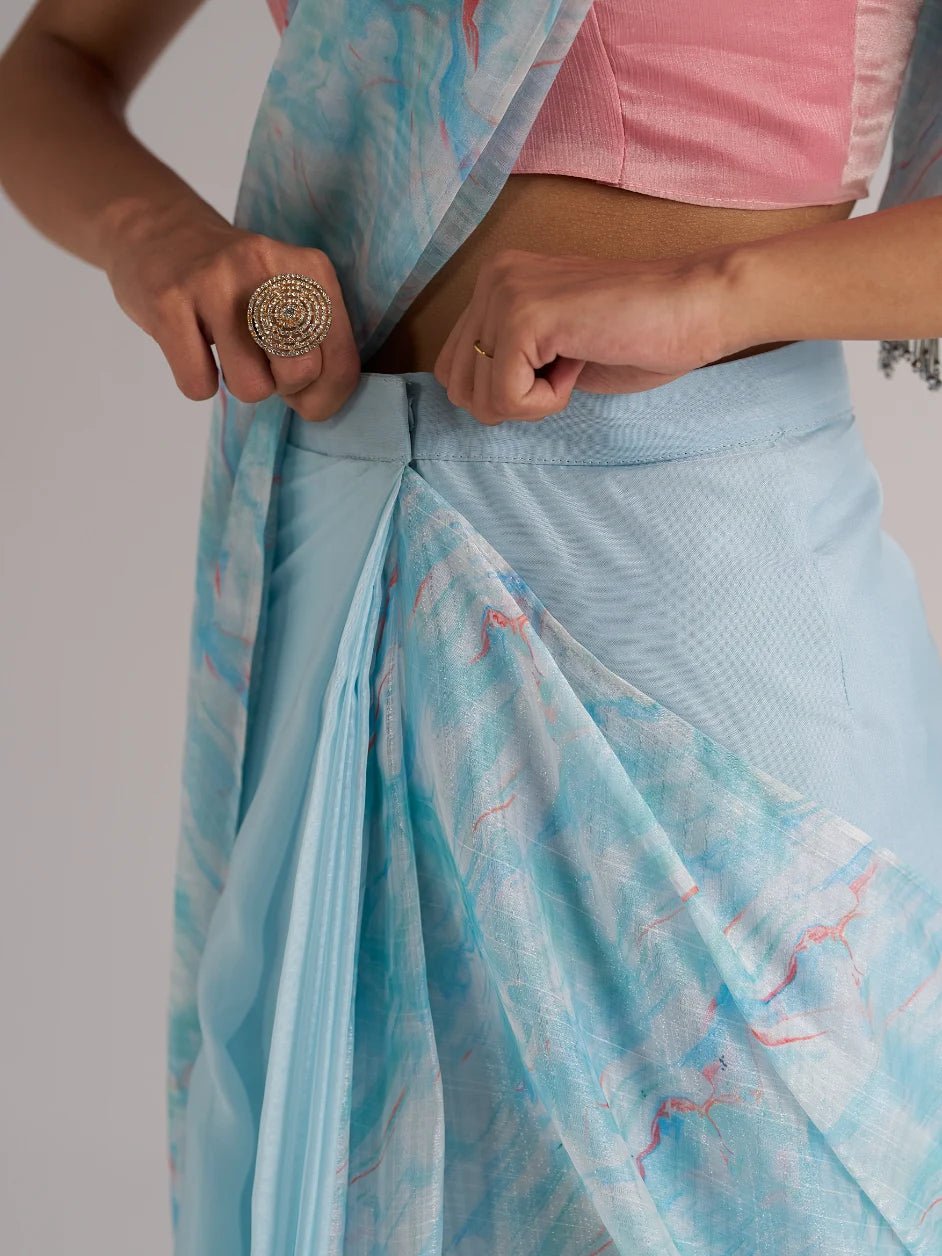 SKY BLUE SOFT ORGANZA READY TO WEAR SAREE