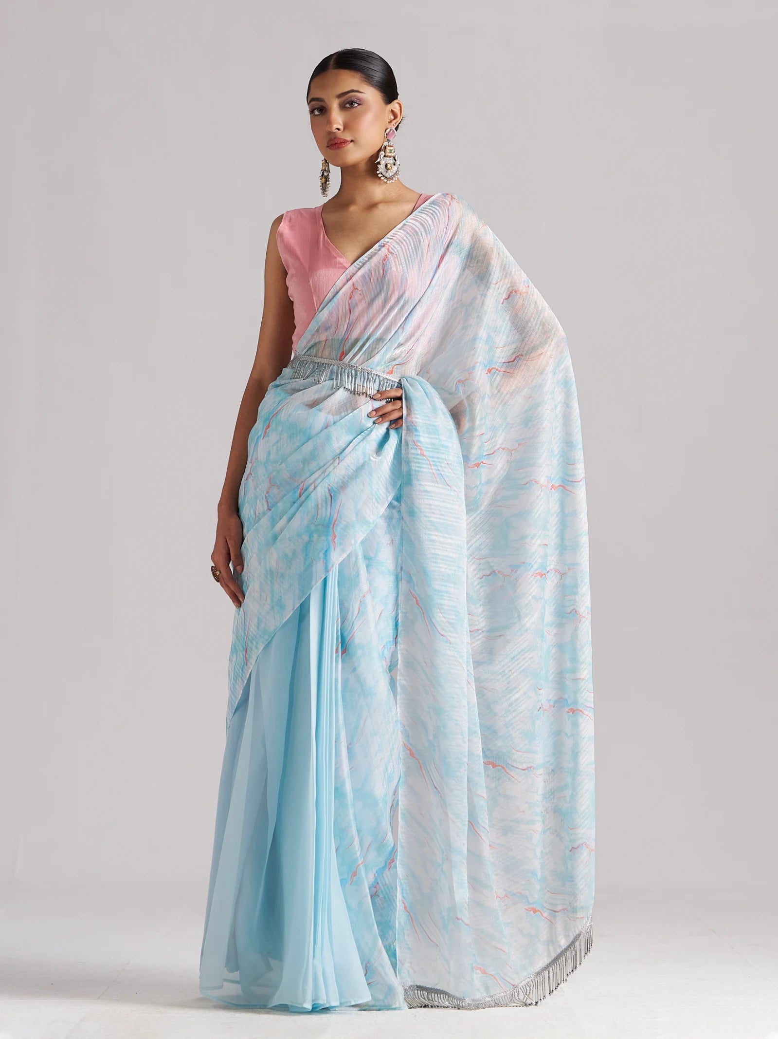 SKY BLUE SOFT ORGANZA READY TO WEAR SAREE