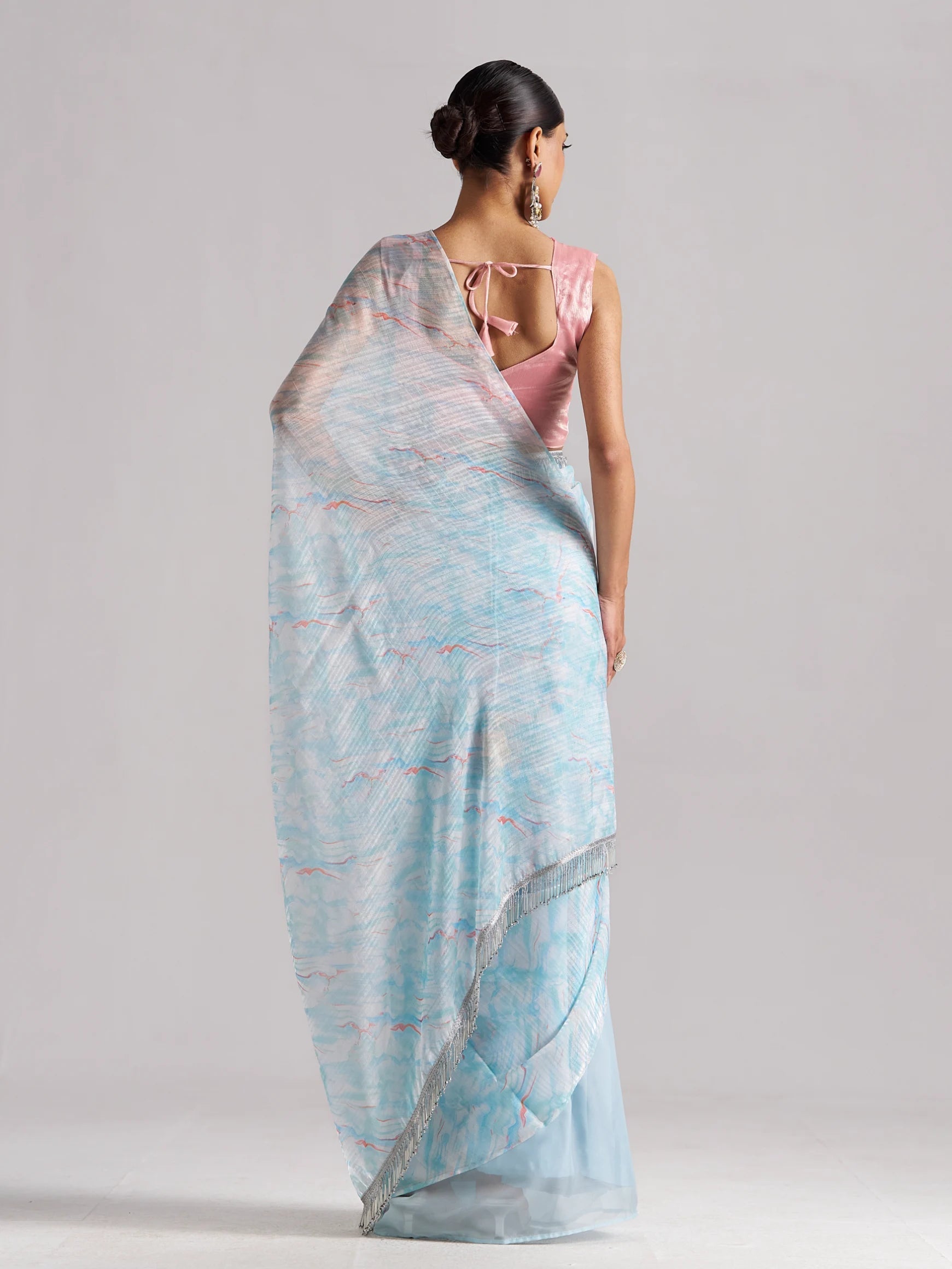 SKY BLUE SOFT ORGANZA READY TO WEAR SAREE