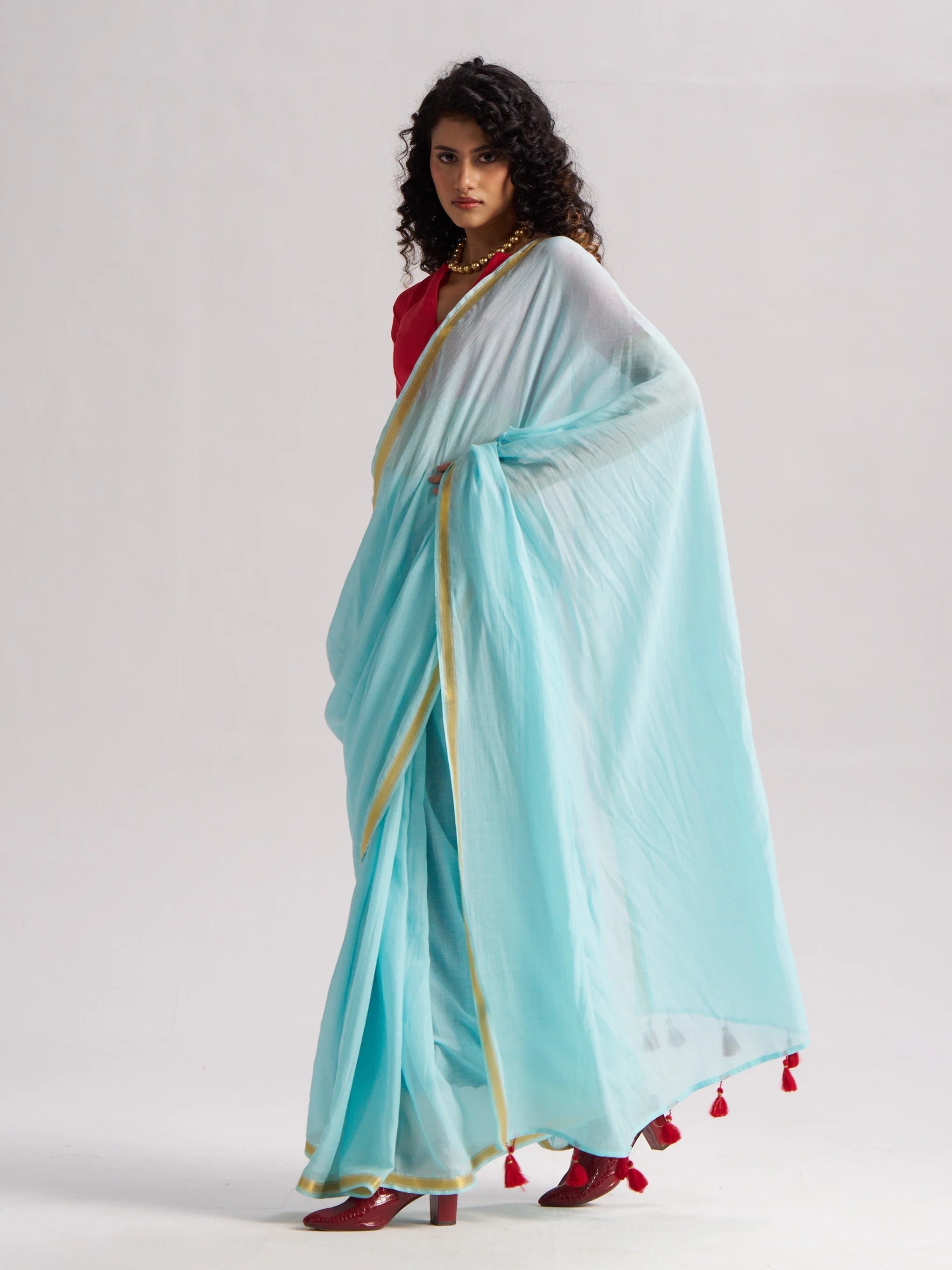 SKY BLUE VISCOSE MUL LIVA SOLID SAREE