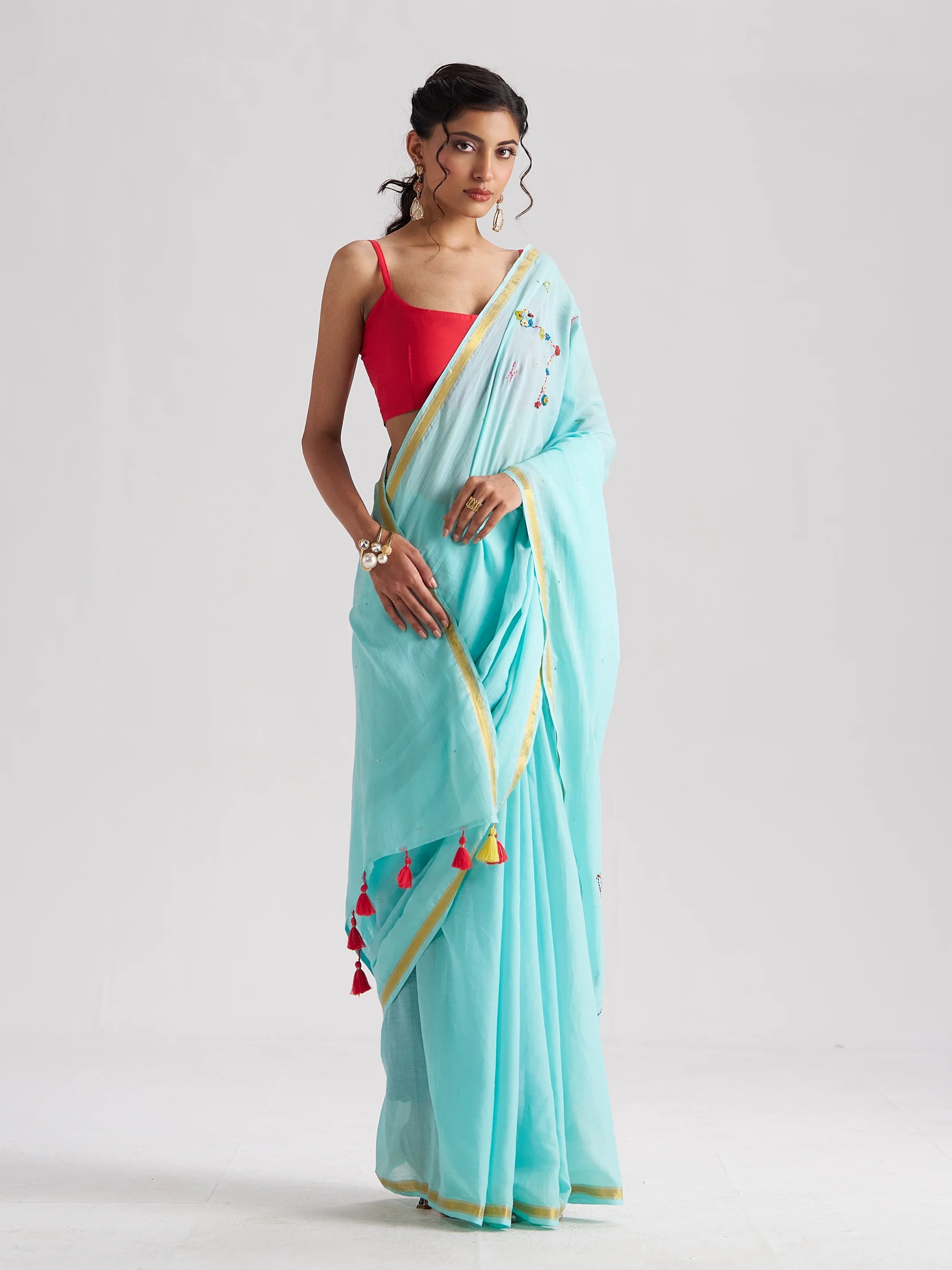 SKY BLUE MULMUL COTTON PISCES CELESTIAL THREAD WORK SAREES