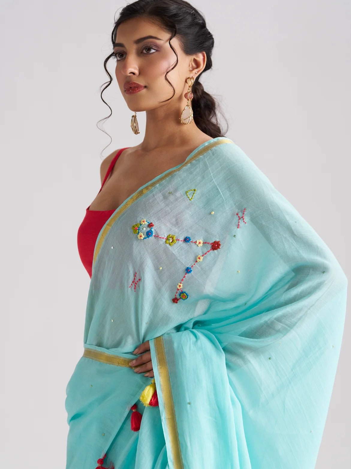 SKY BLUE MULMUL COTTON PISCES CELESTIAL THREAD WORK SAREES