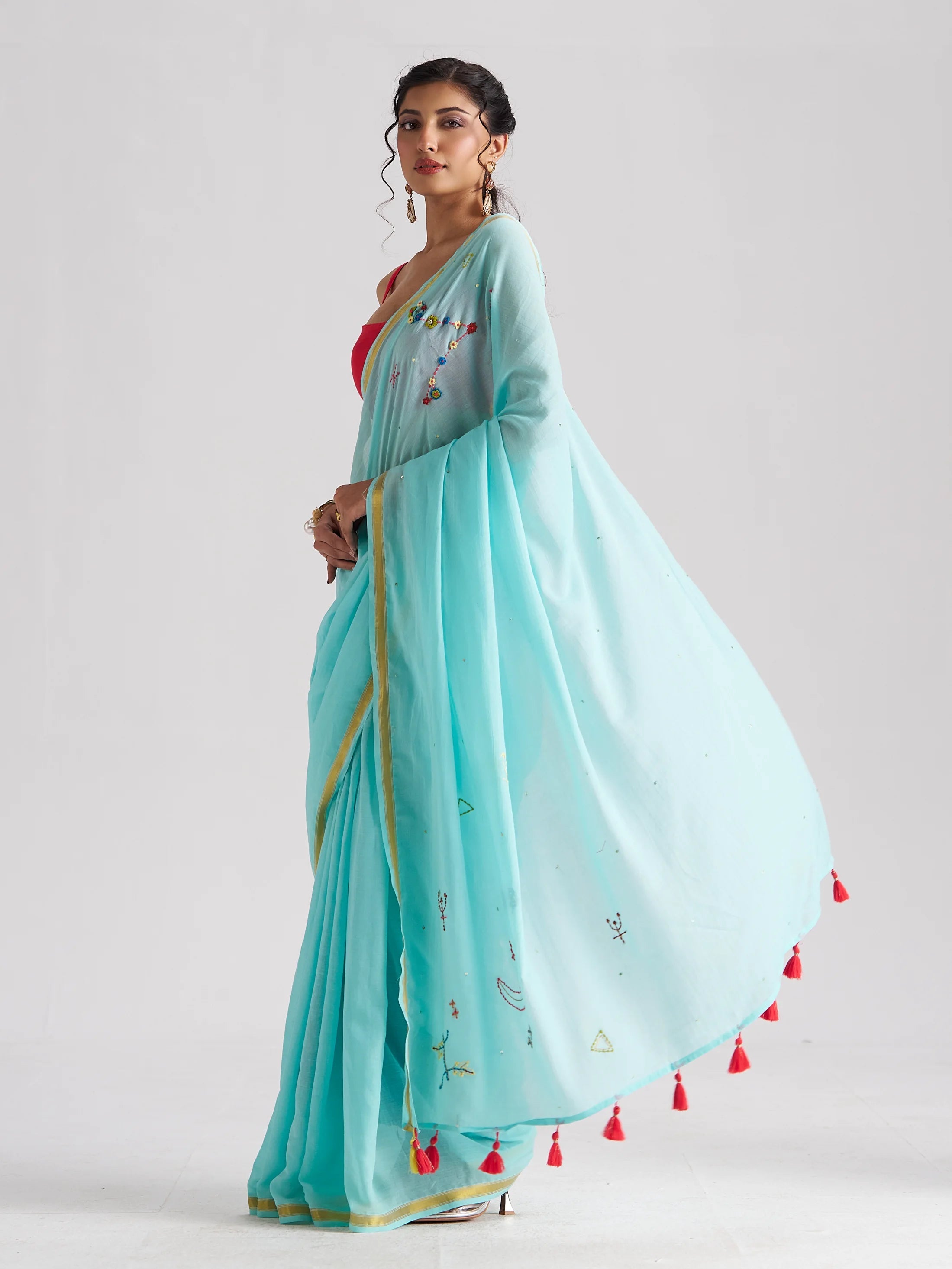 SKY BLUE MULMUL COTTON PISCES CELESTIAL THREAD WORK SAREES