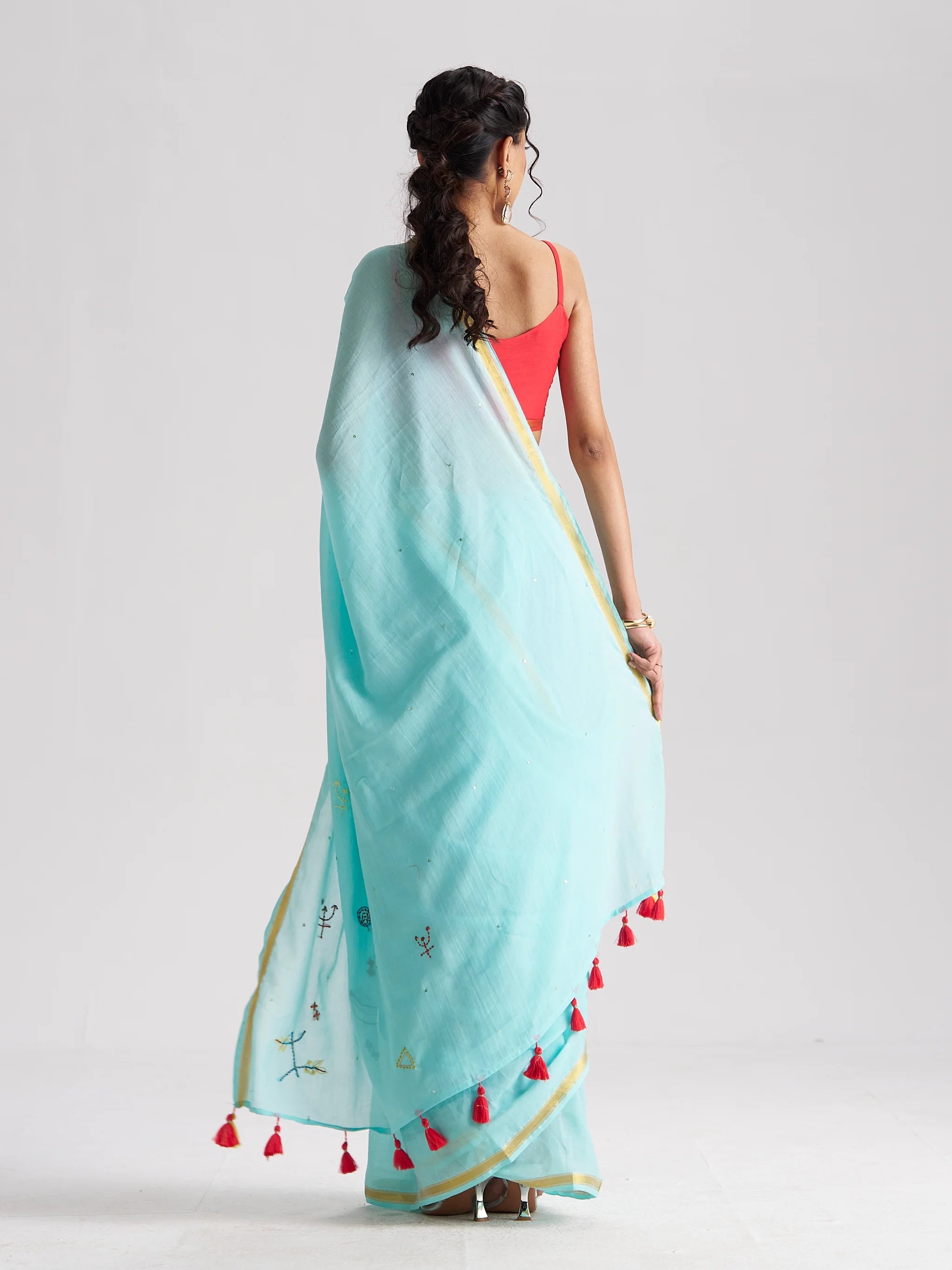 SKY BLUE MULMUL COTTON PISCES CELESTIAL THREAD WORK SAREES