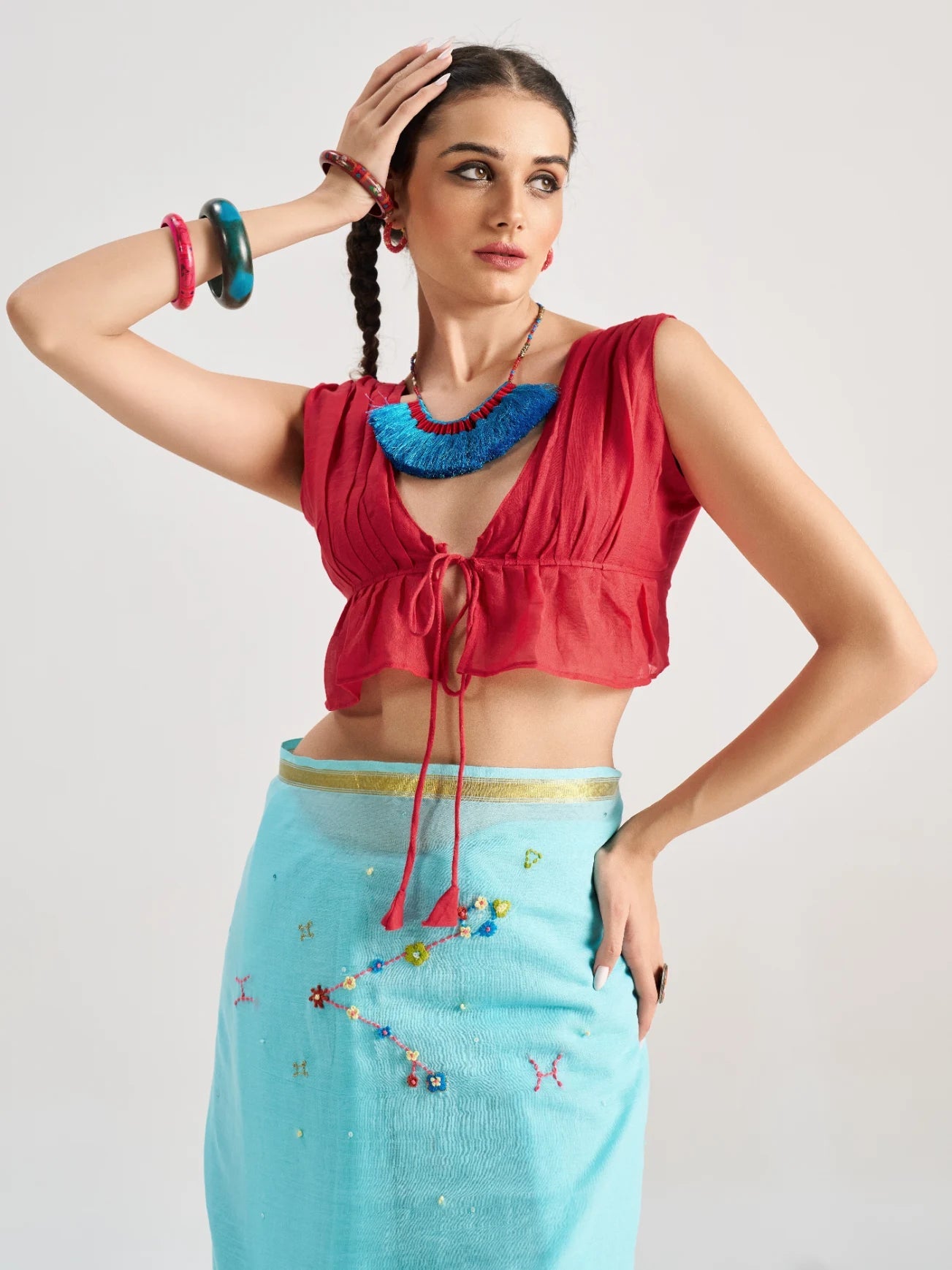 SKY BLUE VISCOSE MUL PISCES VEDIC ZODIAC THREAD WORK SAREES