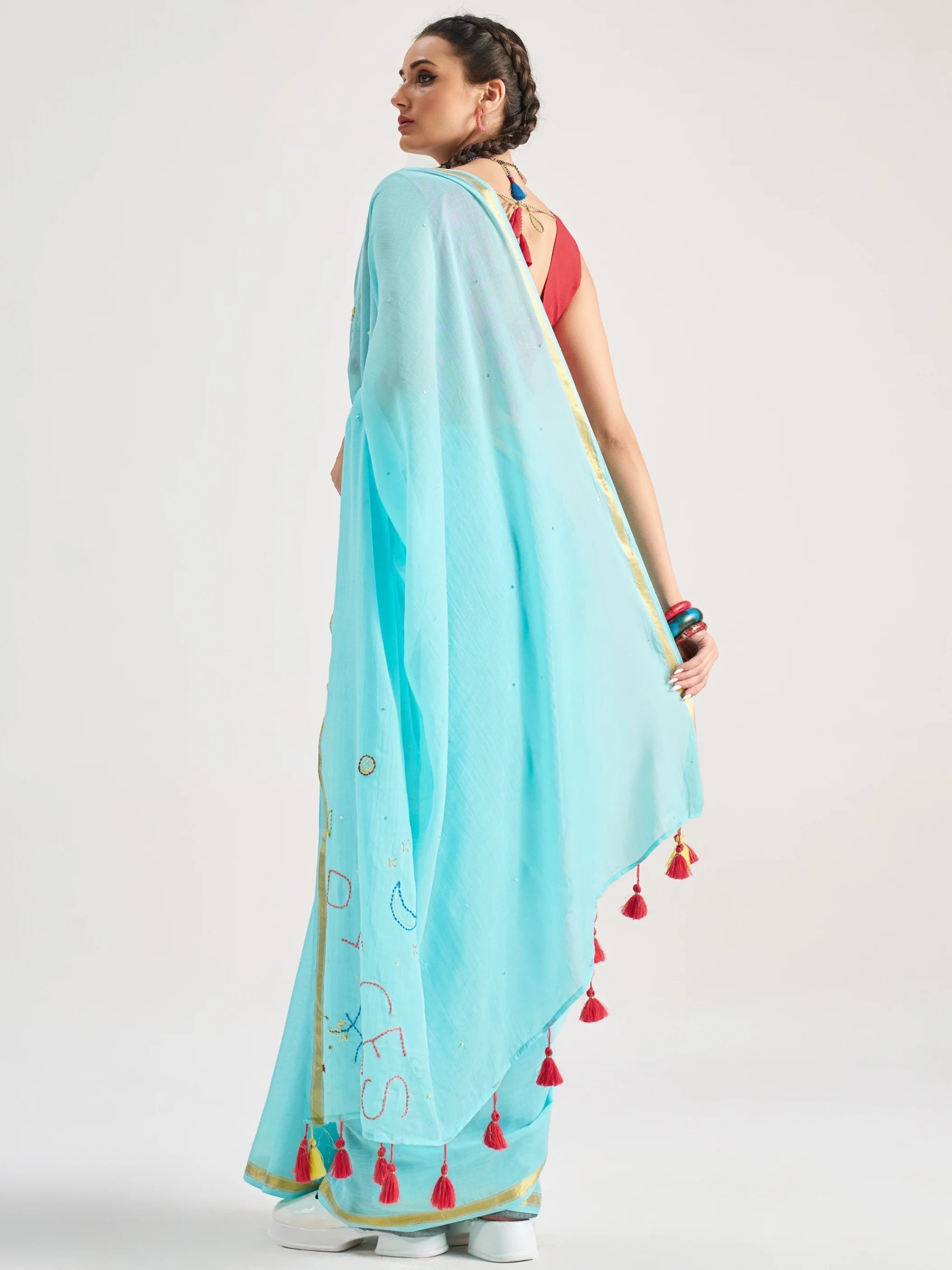 SKY BLUE VISCOSE MUL PISCES VEDIC ZODIAC THREAD WORK SAREES