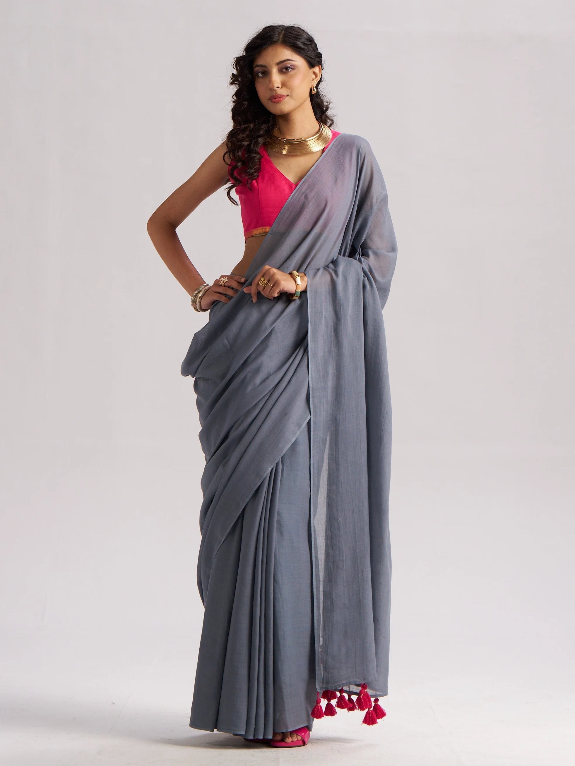 SLATE GRAY VISCOSE MUL LIVA SOLID SAREE
