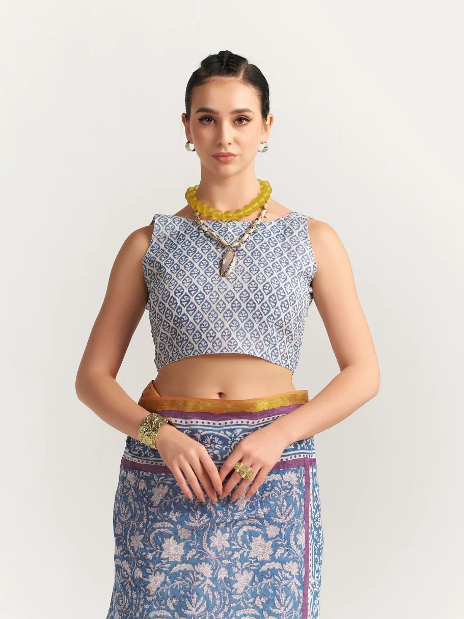 STEEL BLUE VISCOSE MUL LIVA BLOCK PRINTED SAREE