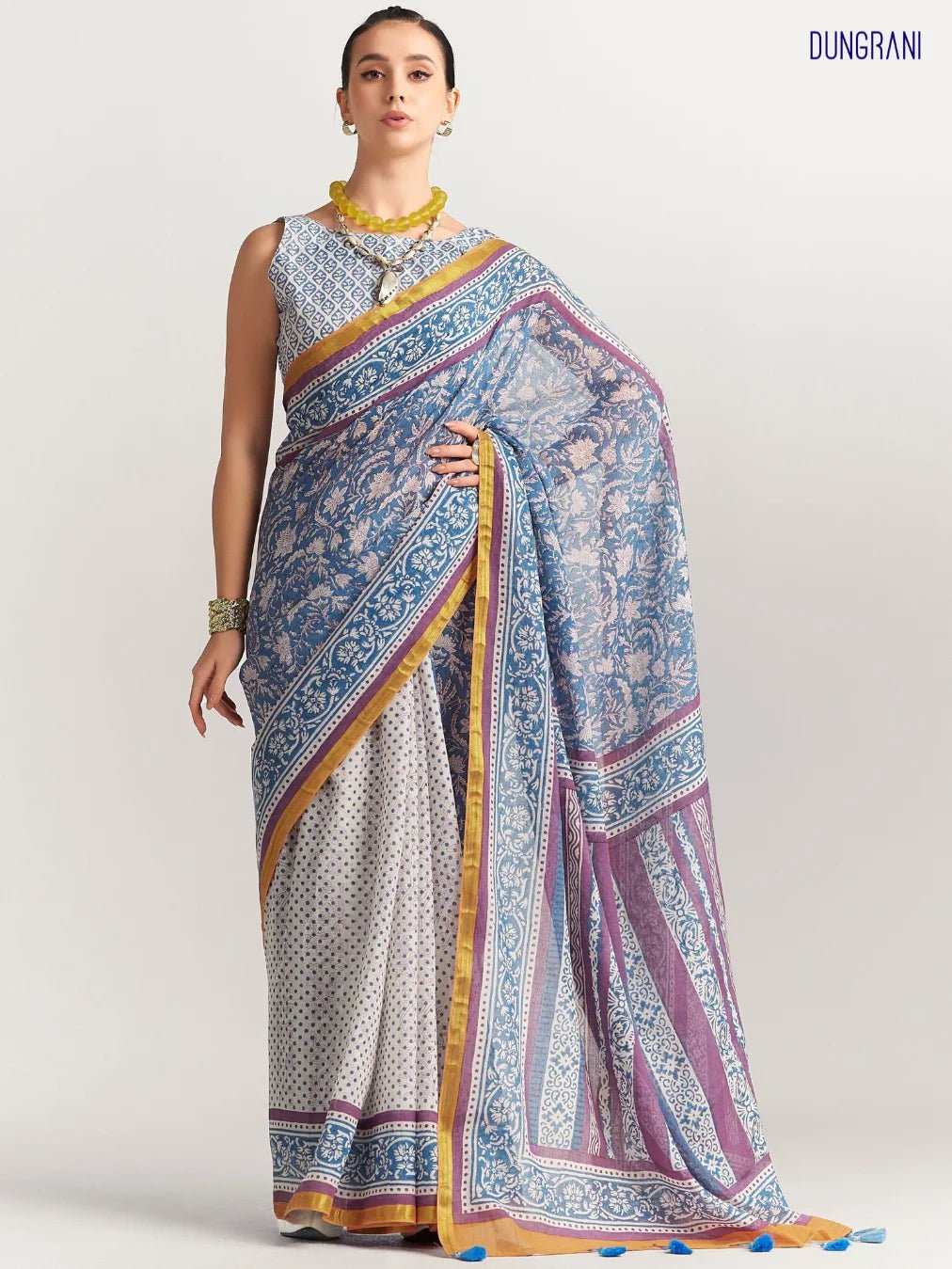 STEEL BLUE VISCOSE MUL LIVA BLOCK PRINTED SAREE