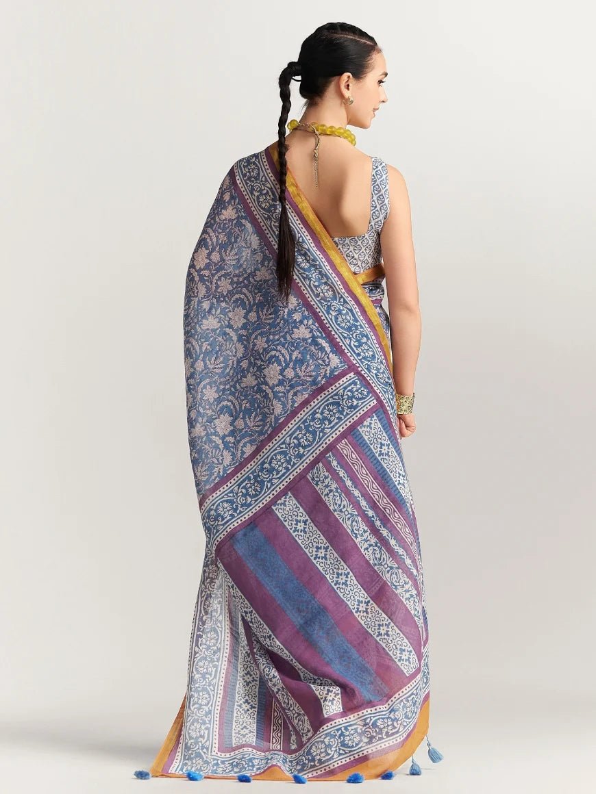 STEEL BLUE VISCOSE MUL LIVA BLOCK PRINTED SAREE