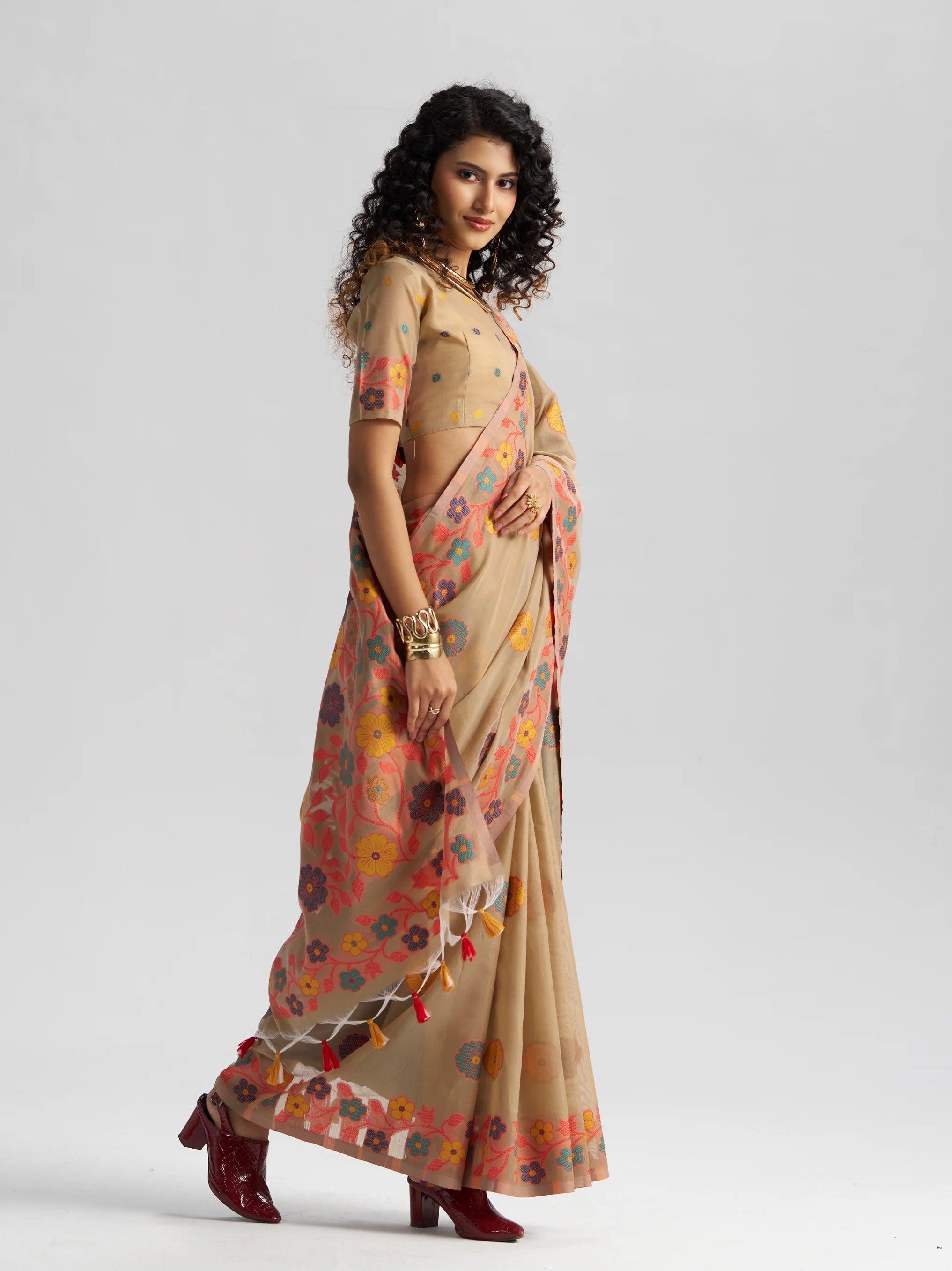TAN BEIGE COTTON SILK GARDENIA SAREE