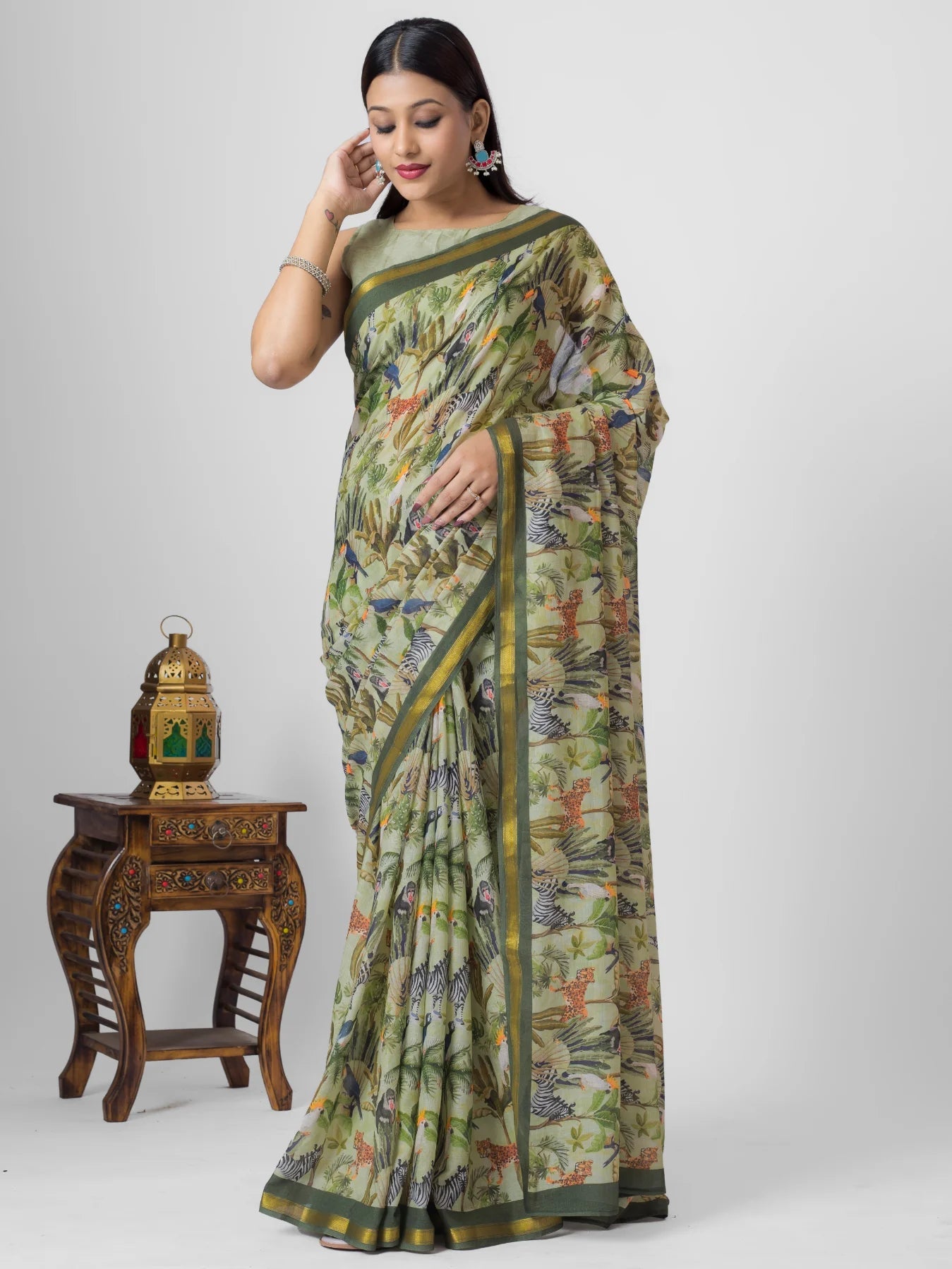 TEA GREEN VISCOSE MUL LIVA DIGITAL PRINTED SAREE