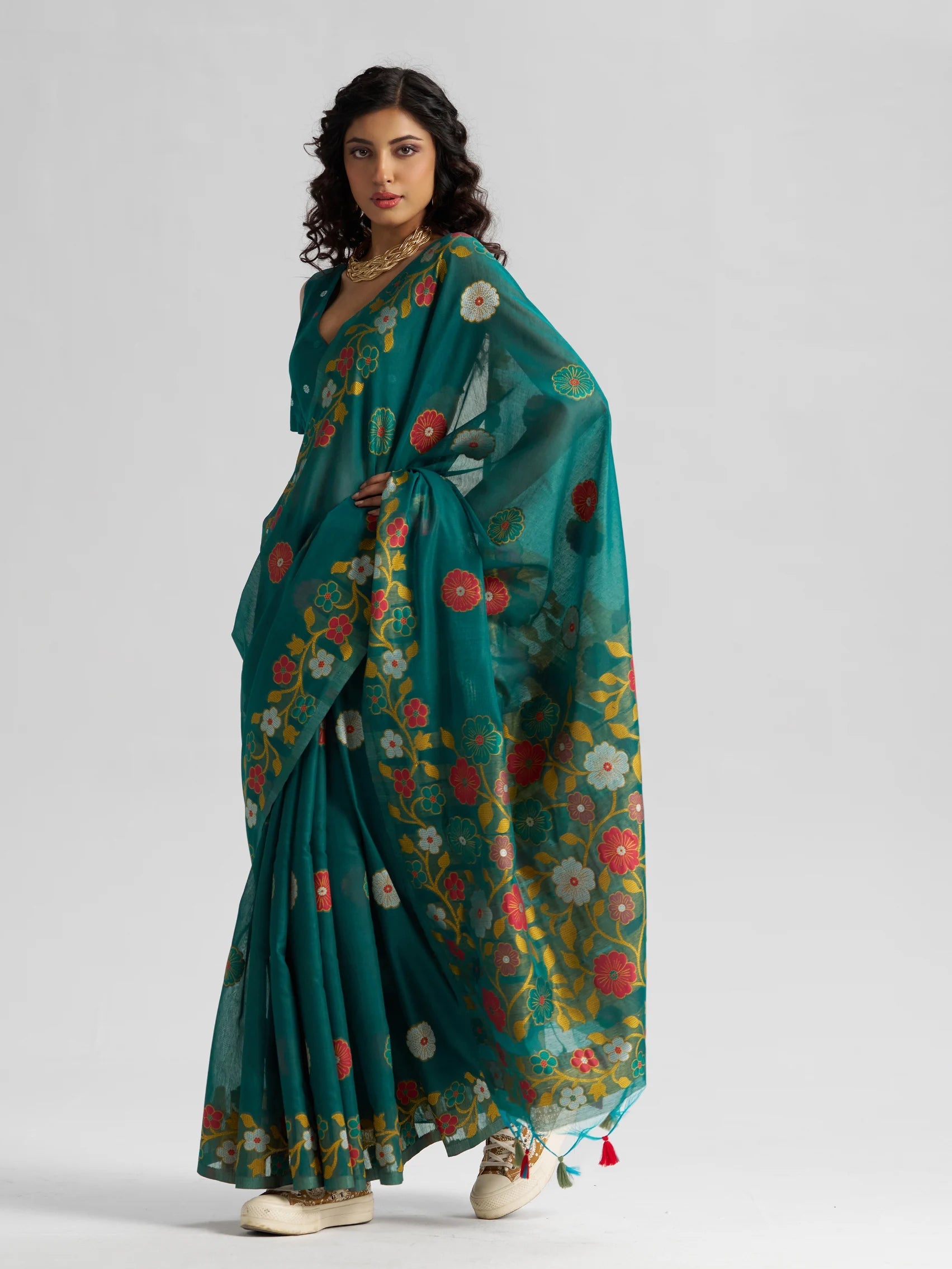 TEAL BLUE COTTON SILK GARDENIA SAREE