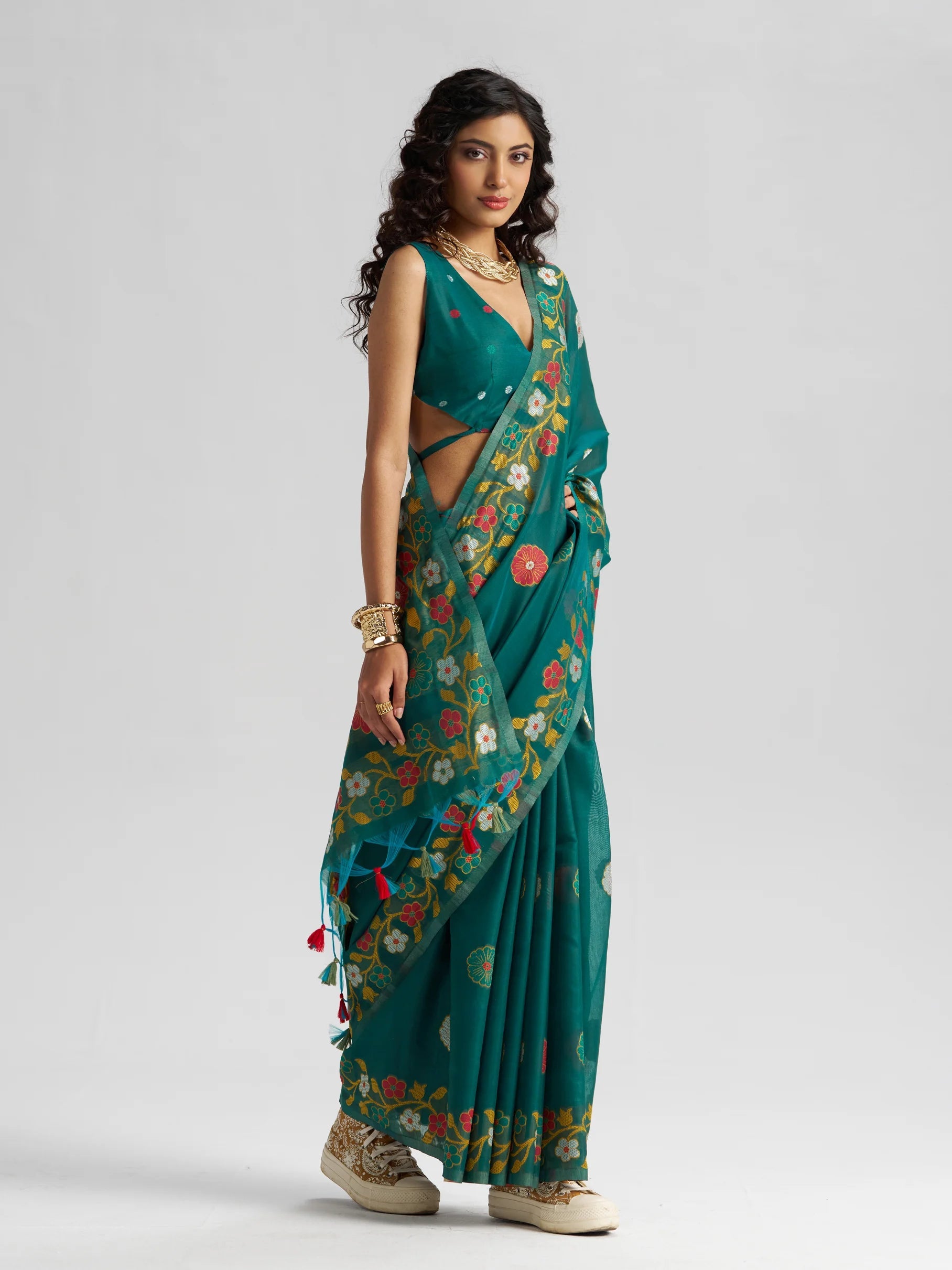 TEAL BLUE COTTON SILK GARDENIA SAREE