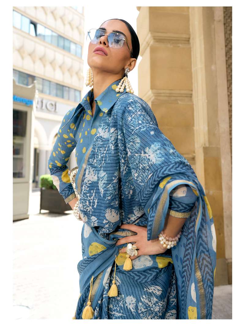 TEAL BLUE MULMUL COTTON LIVA BLOCK PRINTED SAREE