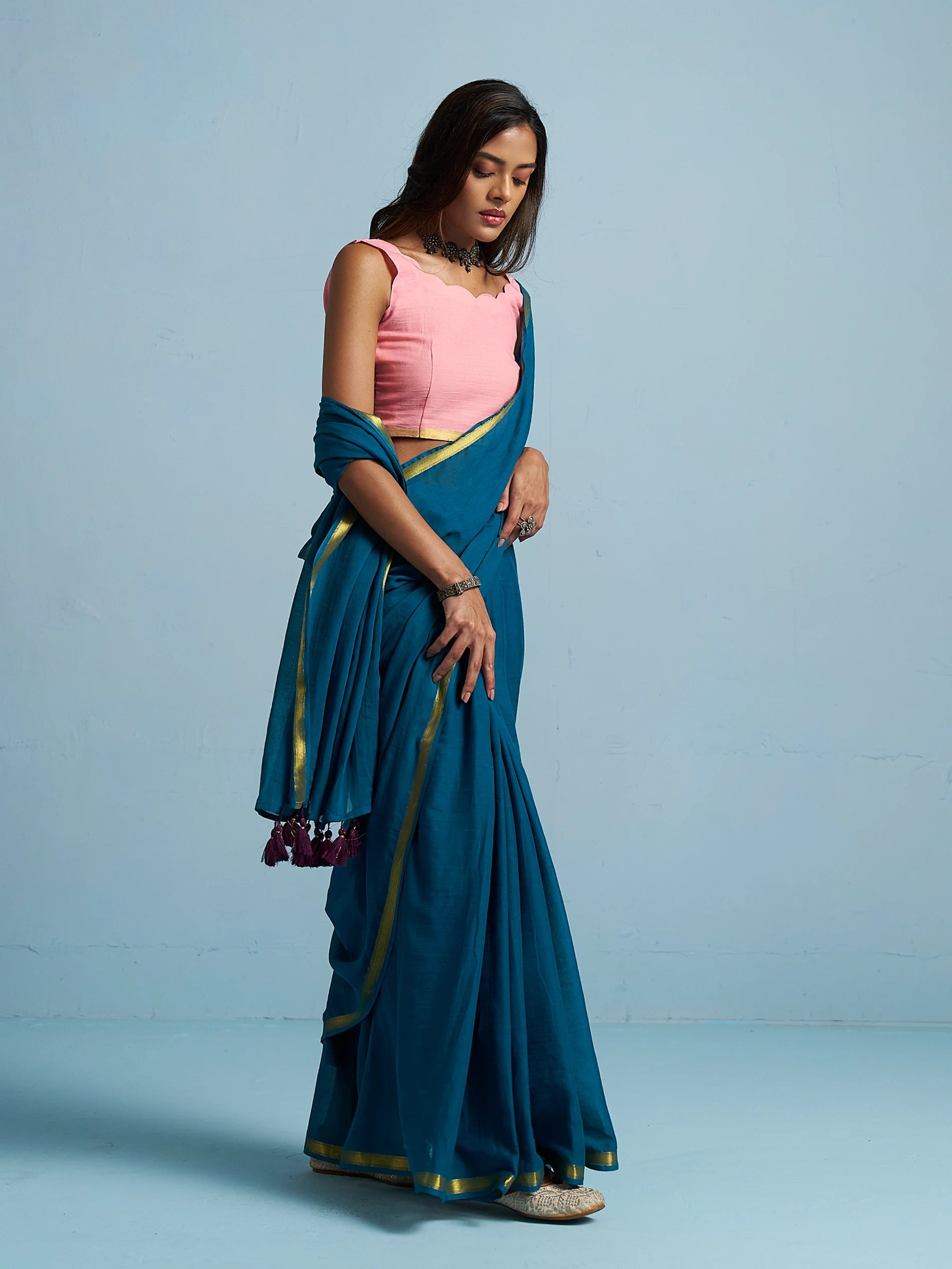 TEAL BLUE MULMUL COTTON LIVA SOLID SAREE