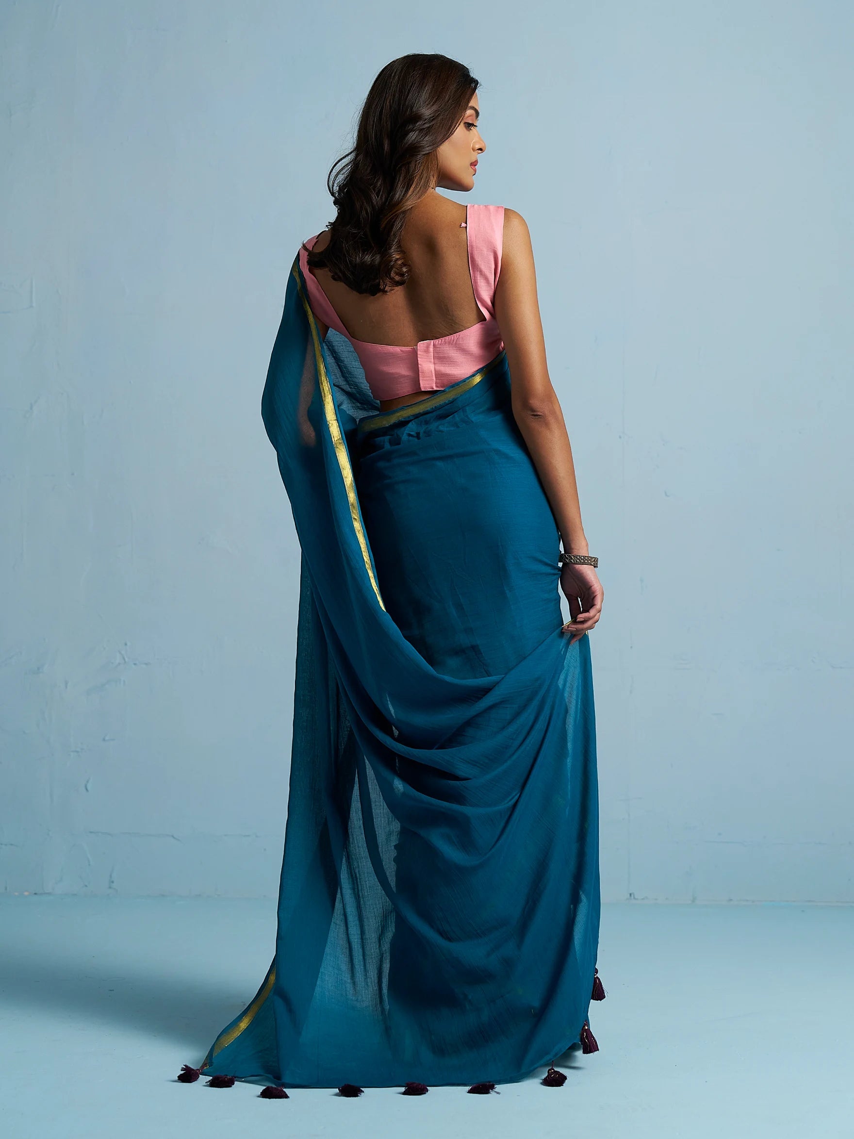 TEAL BLUE MULMUL COTTON LIVA SOLID SAREE