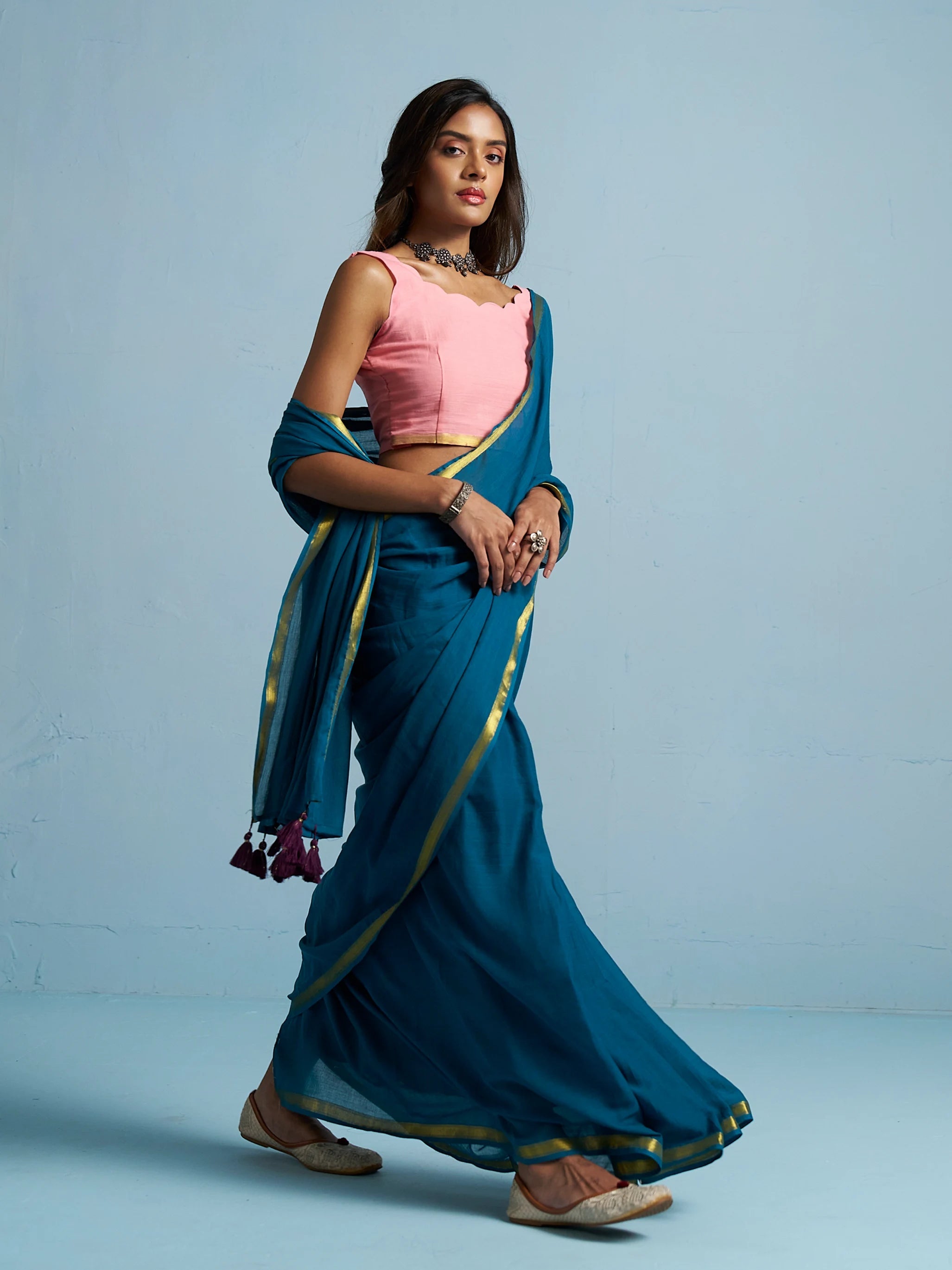 TEAL BLUE VISCOSE MUL LIVA SOLID SAREE