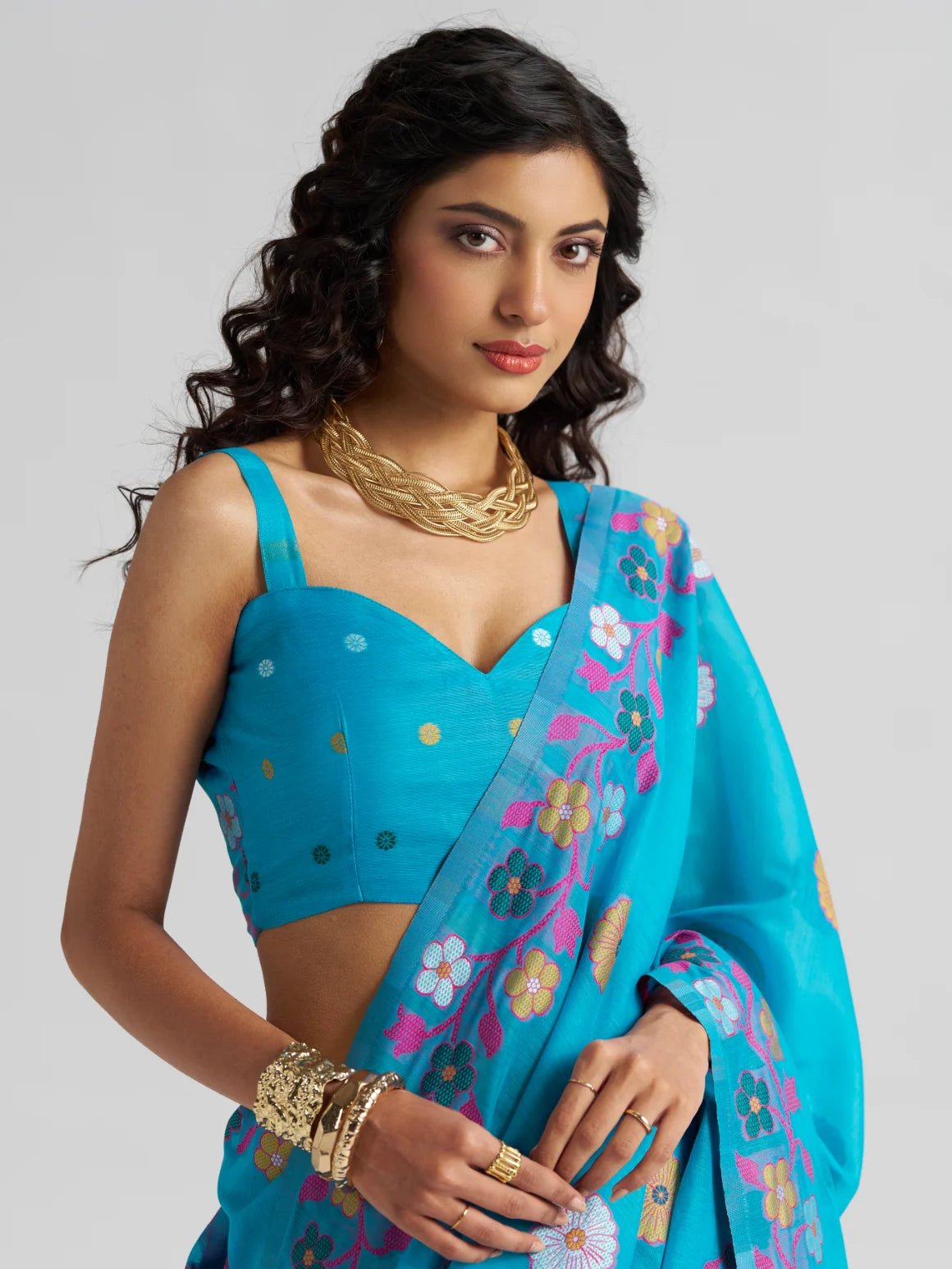 TURQUOISE BLUE COTTON SILK GARDENIA SAREE