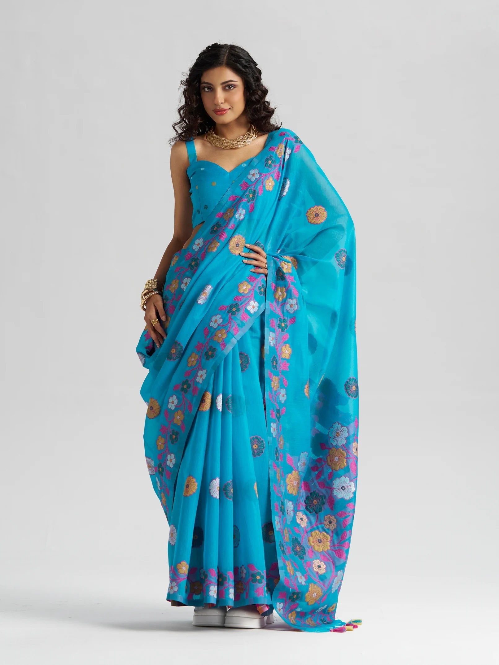 TURQUOISE BLUE COTTON SILK GARDENIA SAREE