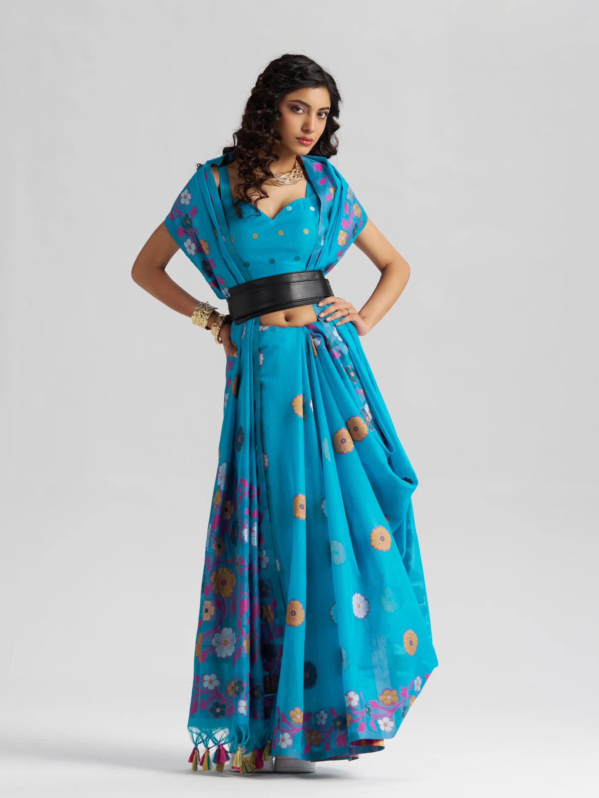 TURQUOISE BLUE COTTON SILK GARDENIA SAREE