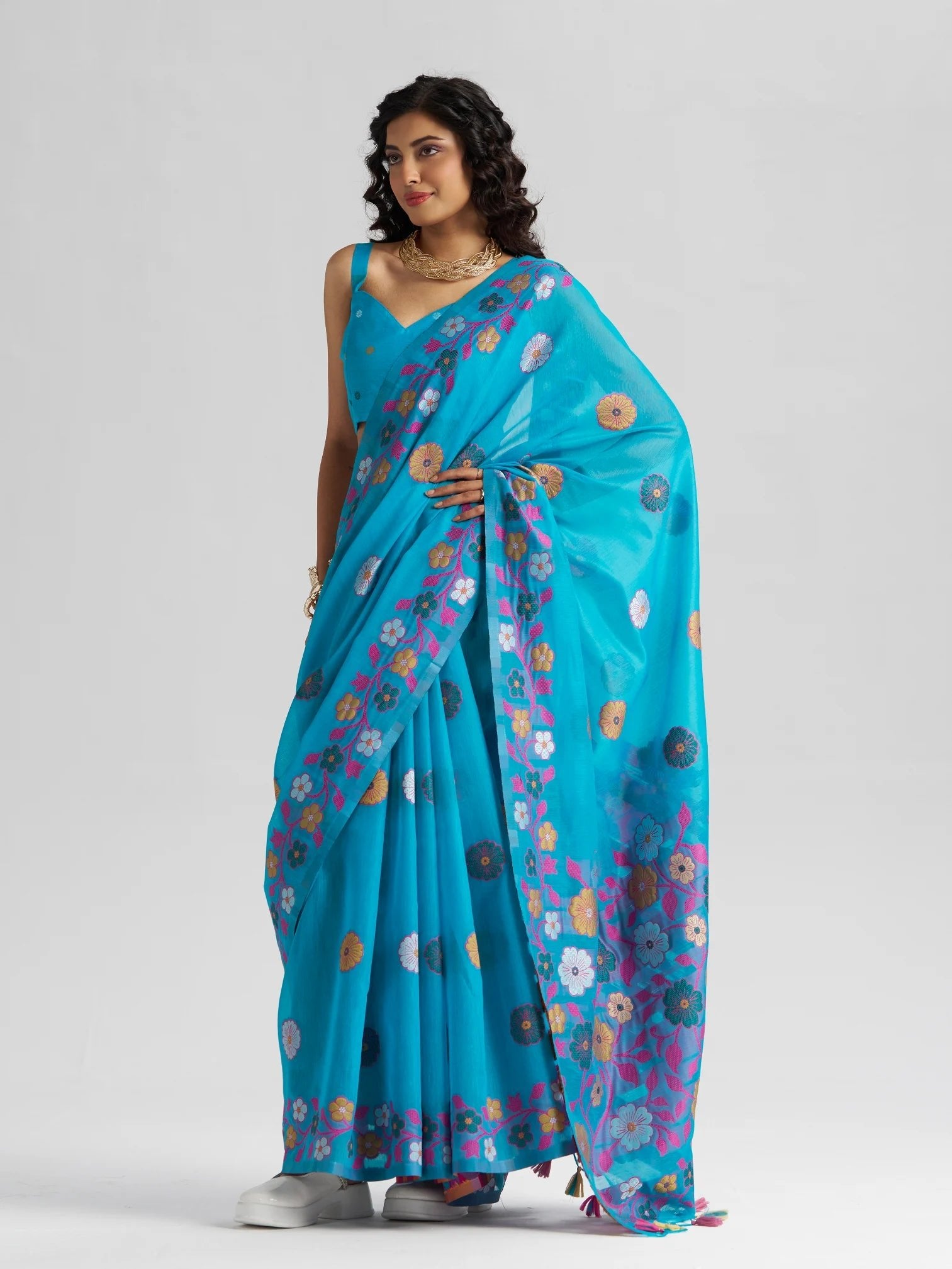 TURQUOISE BLUE COTTON SILK GARDENIA SAREE