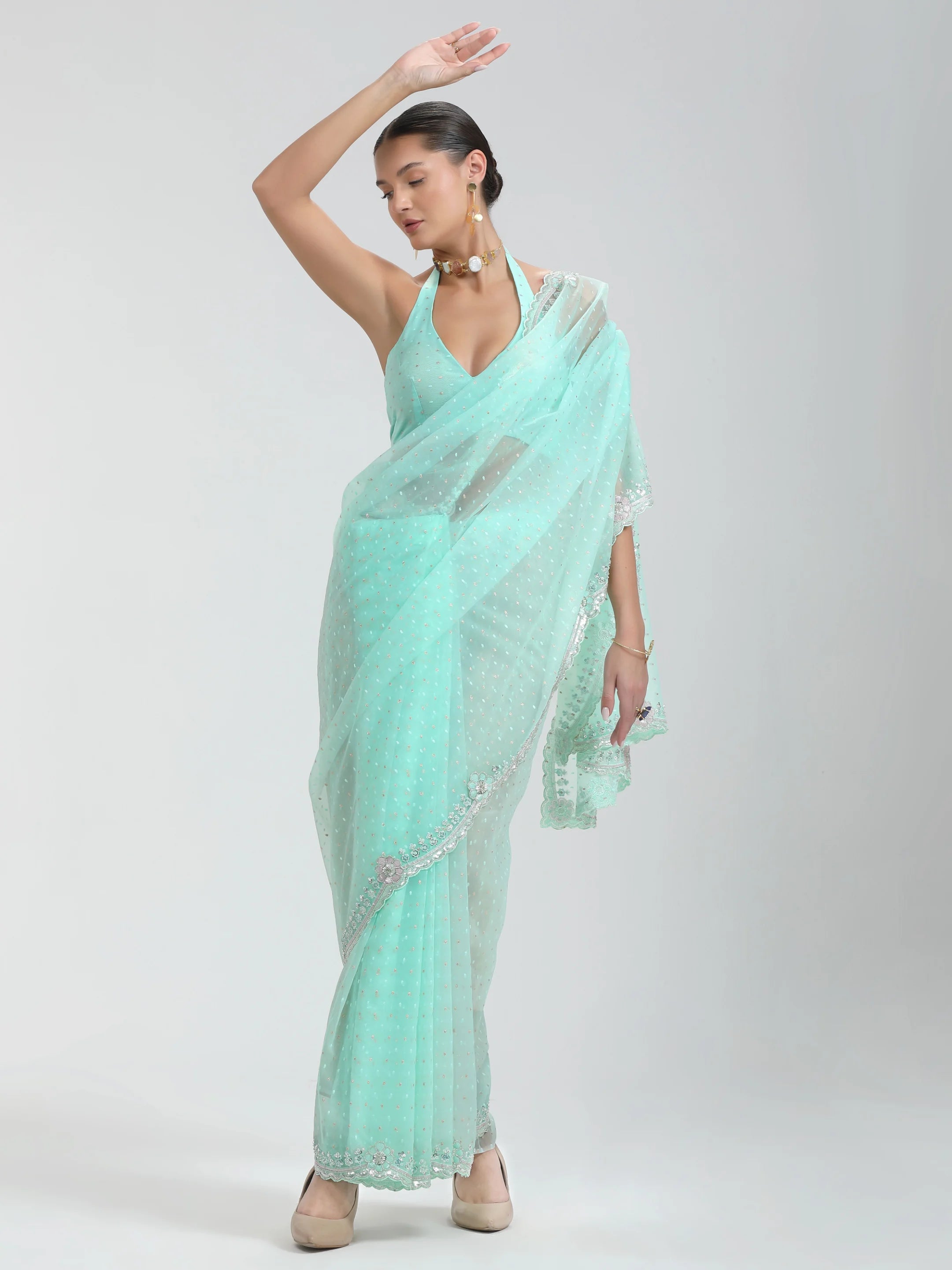 TURQUOISE BLUE ORGANZA DUO DOTS EMBROIDERY SAREE
