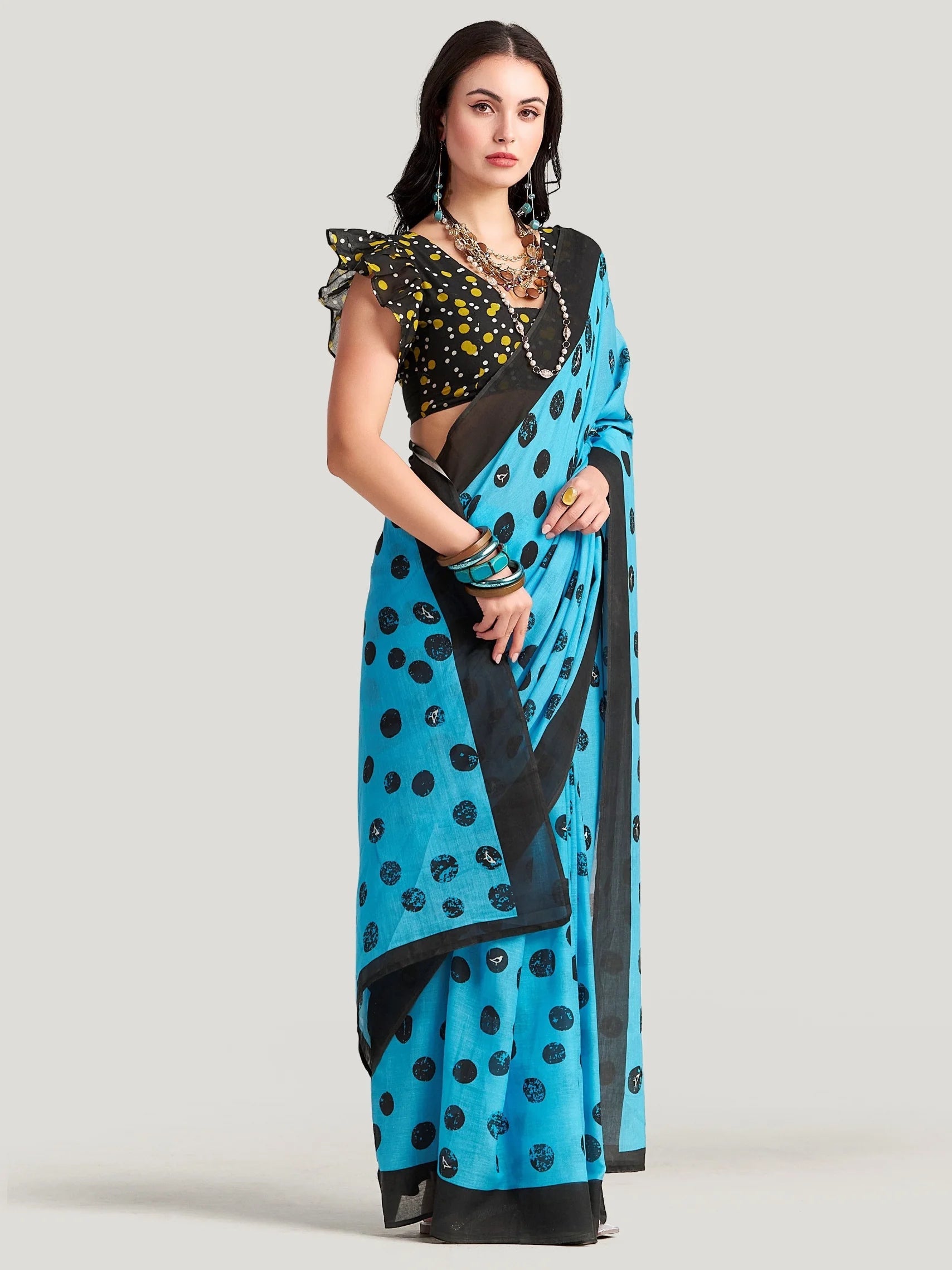 TURQUOISE BLUE MULMUL COTTON DIGITAL PRINTED SAREE