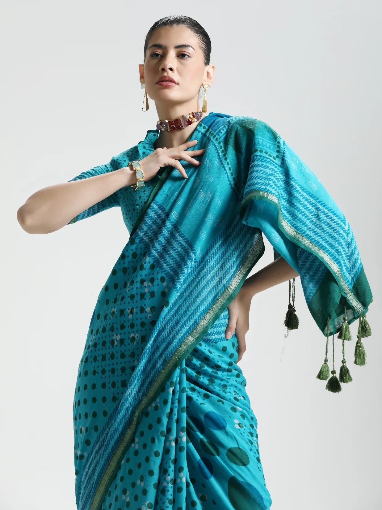 TURQUOISE BLUE MULMUL COTTON LIVA BLOCK PRINTED SAREE