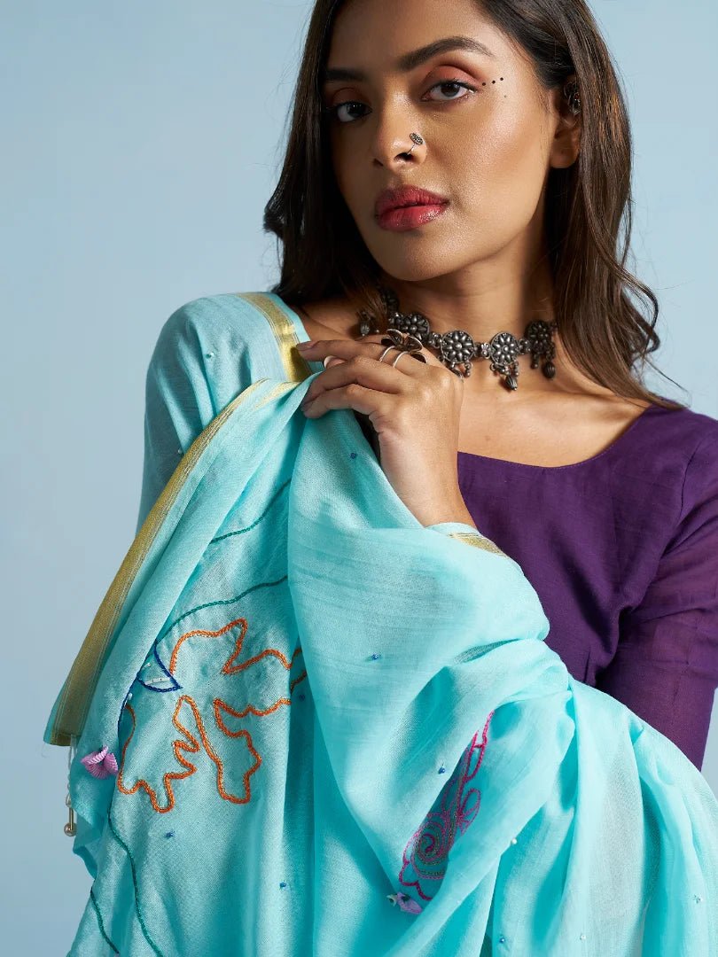 TURQUOISE BLUE VISCOSE MUL THREAD WORK SAREES