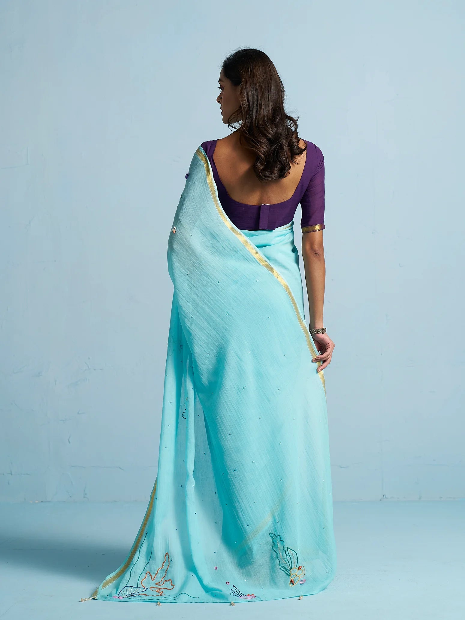 TURQUOISE BLUE VISCOSE MUL THREAD WORK SAREES