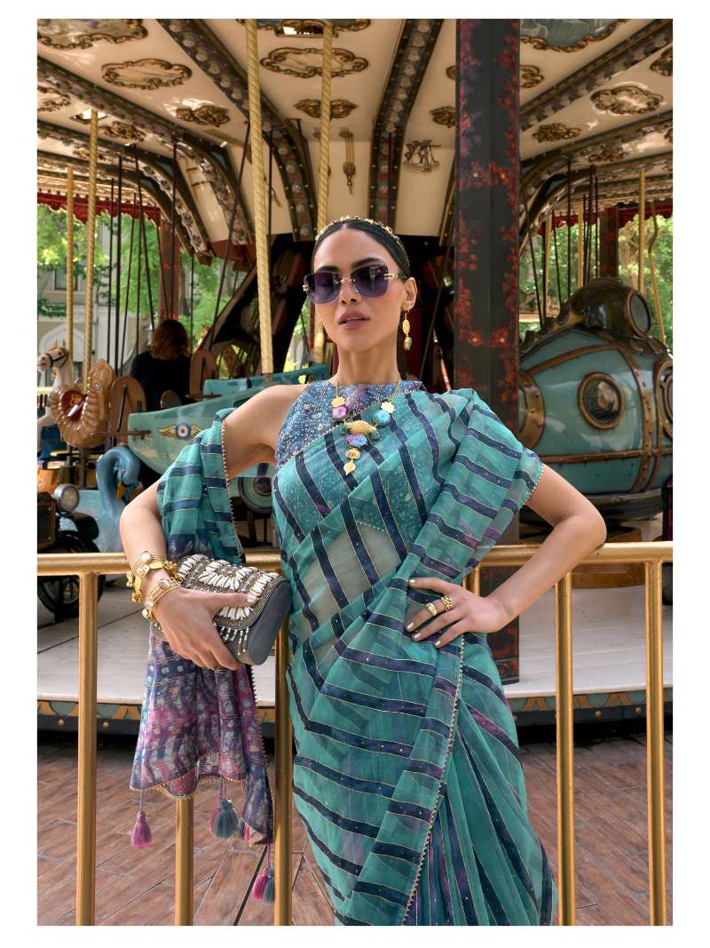 TURQUOISE BLUE VISCOSE ORGANZA BATIK PRINTED SAREE