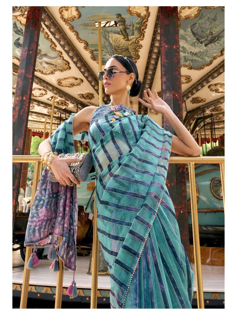 TURQUOISE BLUE VISCOSE ORGANZA BATIK PRINTED SAREE