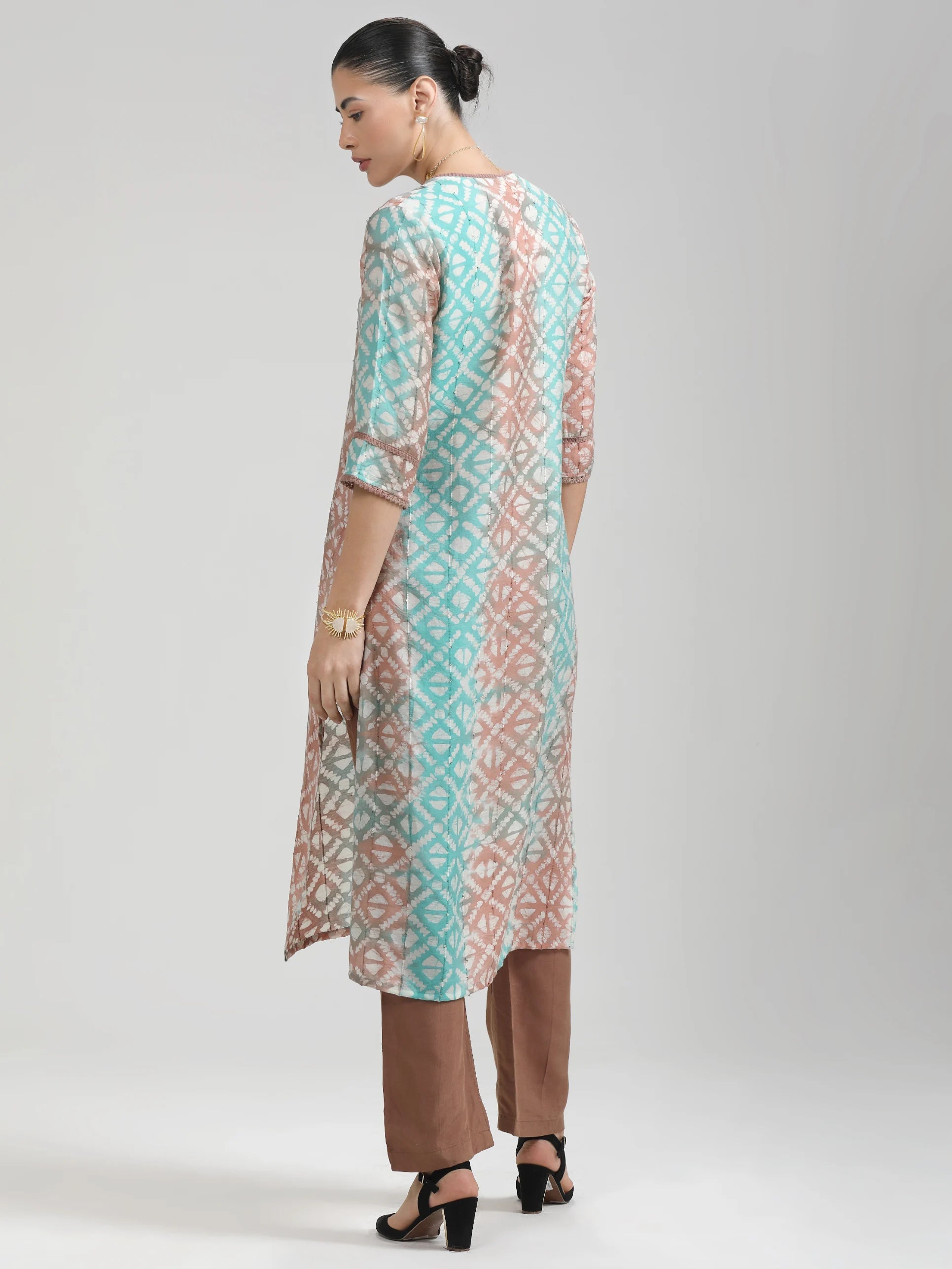 TURQUOISE FEEZY STIPES BATIK PRINTED KURTA WITH PANT
