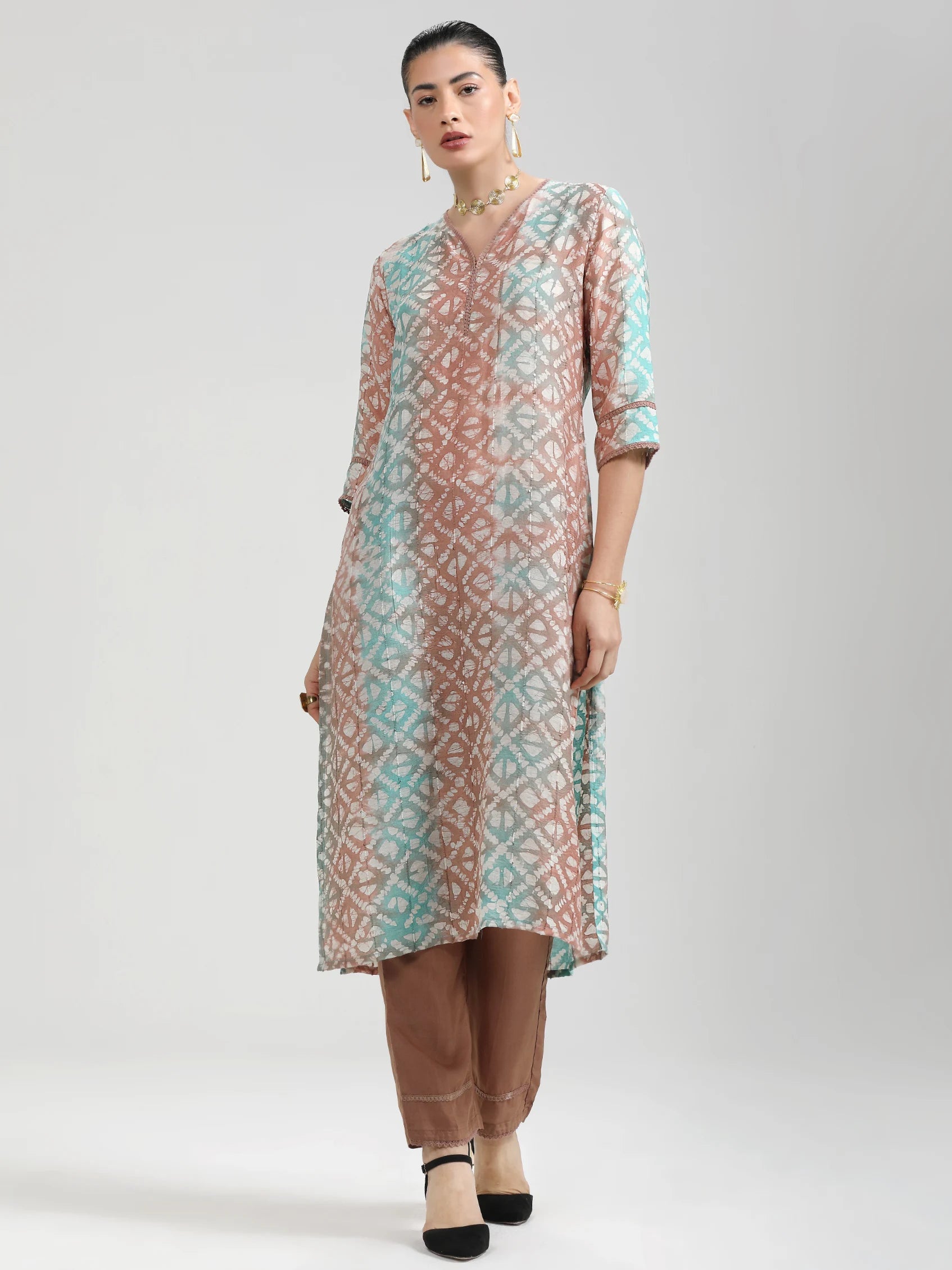 TURQUOISE FEEZY STIPES BATIK PRINTED KURTA WITH PANT