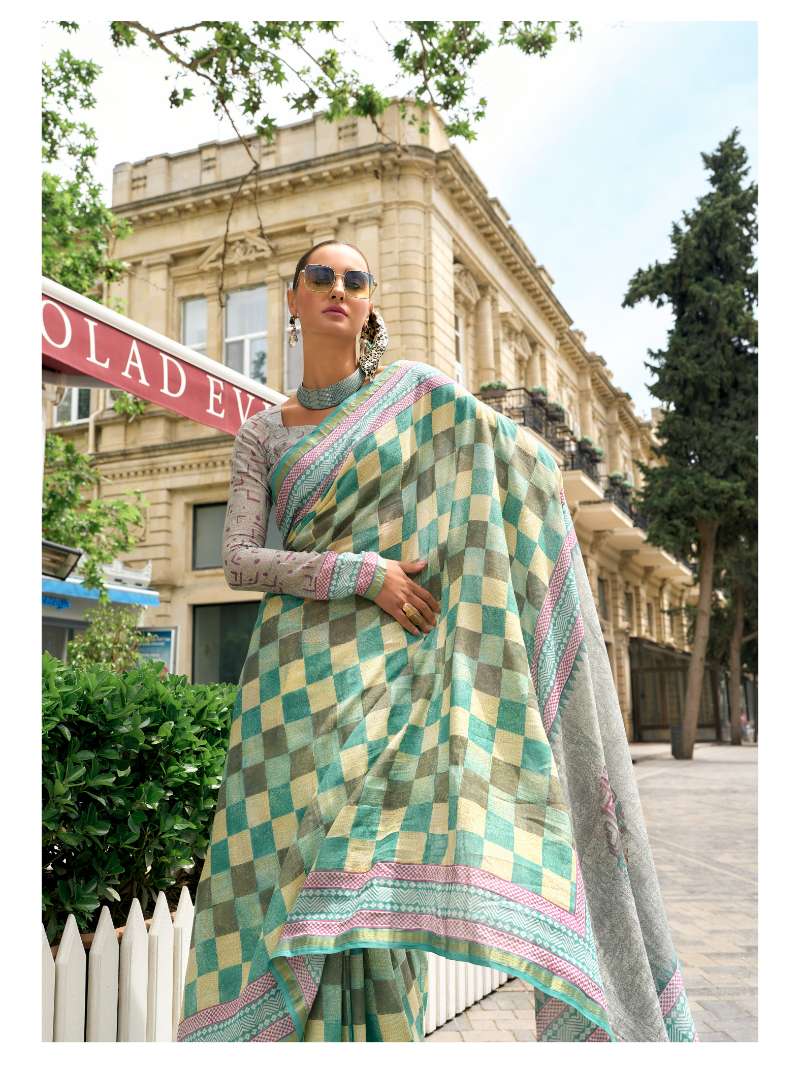 TURQUOISE GREEN VISCOSE MUL BLOCK PRINTED SAREE