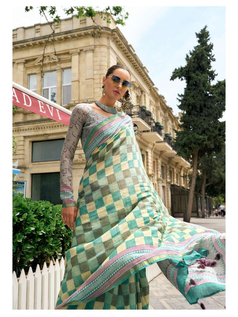 TURQUOISE GREEN VISCOSE MUL BLOCK PRINTED SAREE