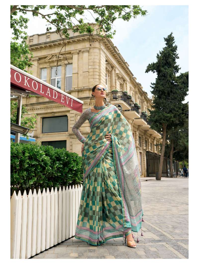 TURQUOISE GREEN VISCOSE MUL BLOCK PRINTED SAREE