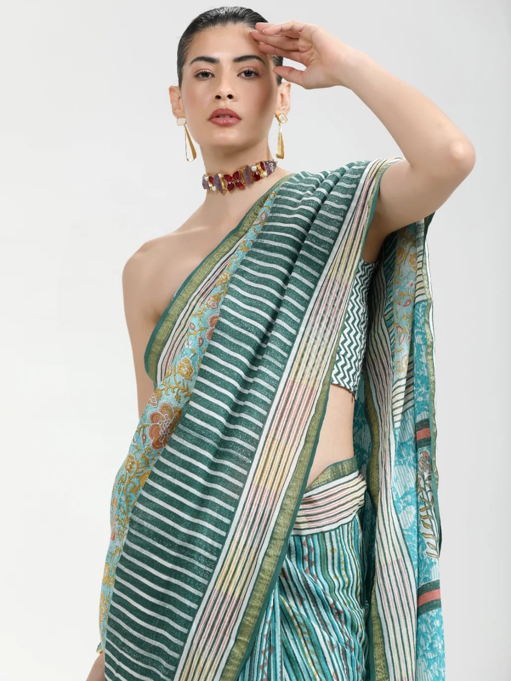 TURQUOISE MULMUL COTTON LIVA BLOCK PRINTED SAREE