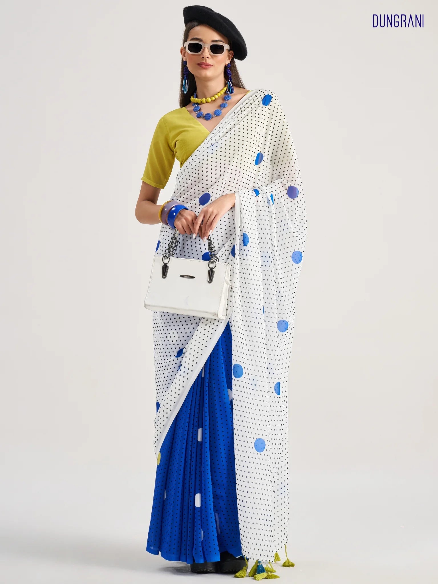 WHITE & BLUE GEORGETTE POLKA POPS DIGITAL PRINTED SAREE