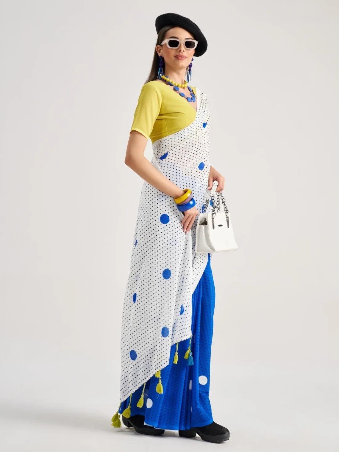 WHITE & BLUE GEORGETTE POLKA POPS DIGITAL PRINTED SAREE