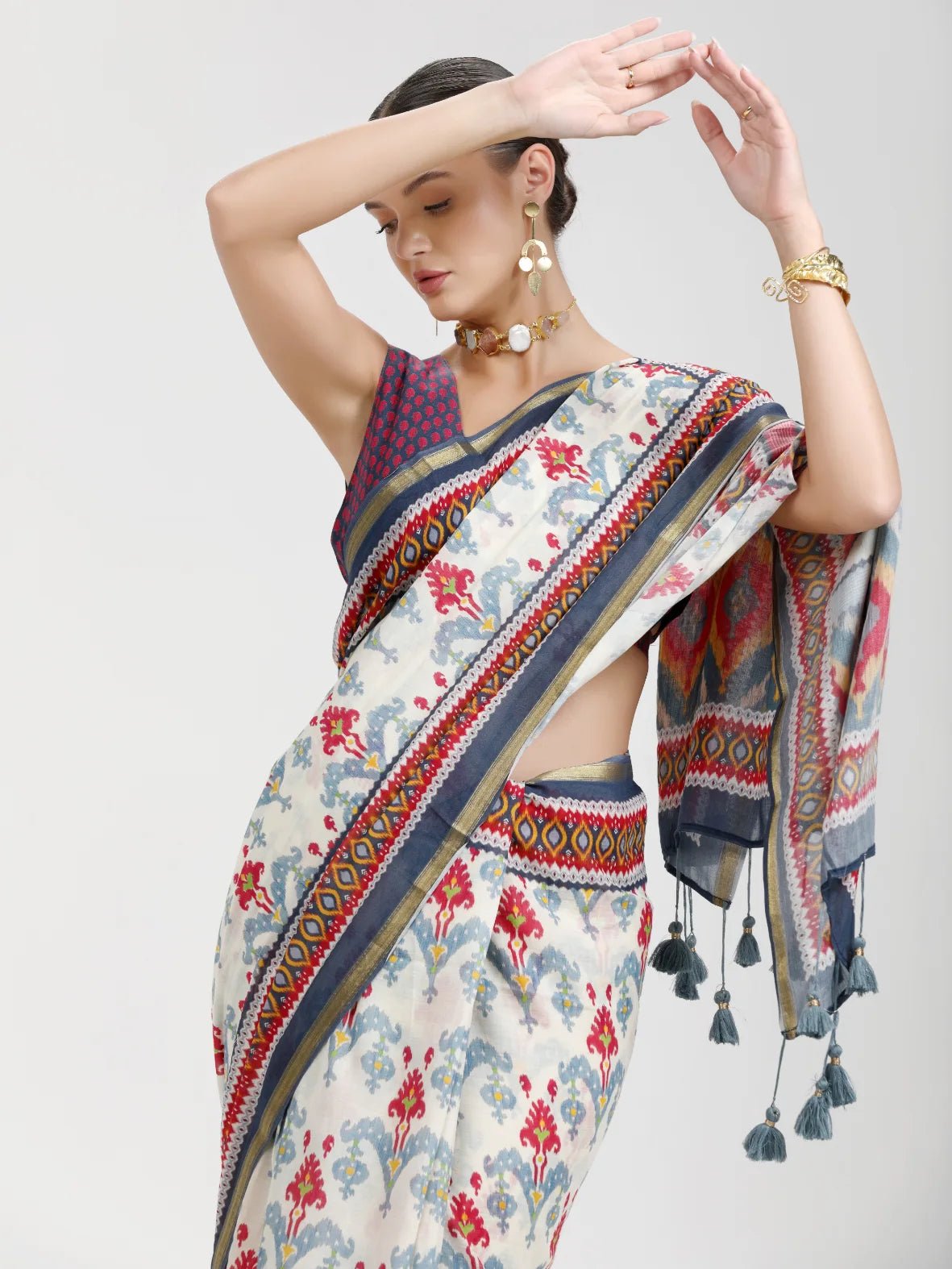 WHITE & DARK BLUE MULMUL COTTON LIVA DIGITAL PRINTED SAREE